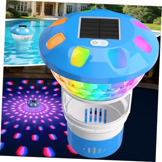 Pool Chlorine Floater, Solar Chlorine Floater with Colorful Lights, Light Blue