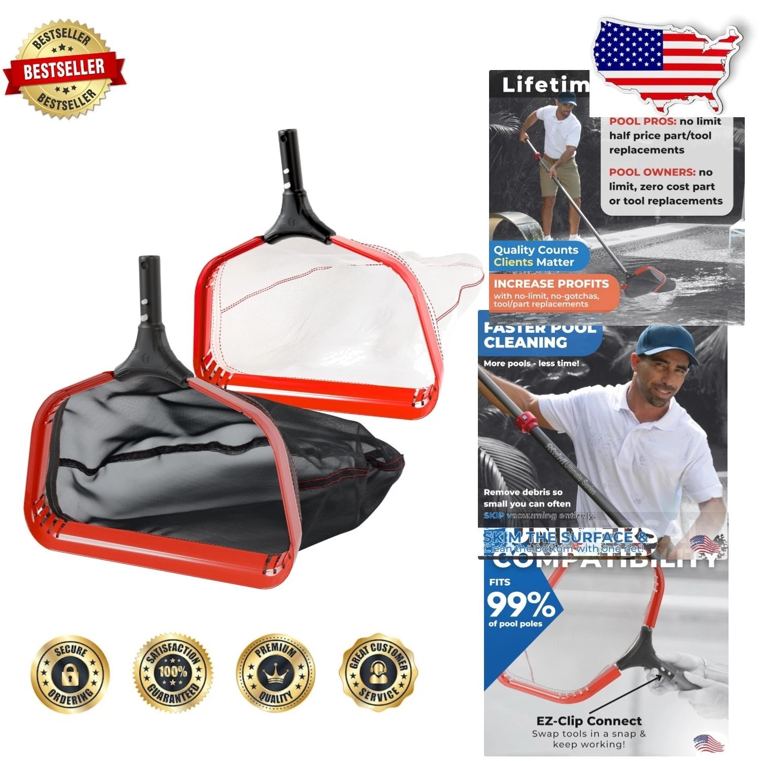 ProTuff Pool Cleaner Rake 2-Item: 19&Prime; Med/17&Prime; Fine, Aluminum,