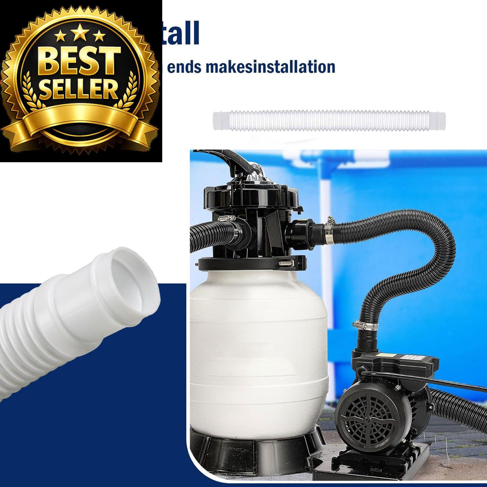 Pool Sand Filter Pump Hose – 1.25&Prime; 16 inches x 1.25 inches, White -1 Pack