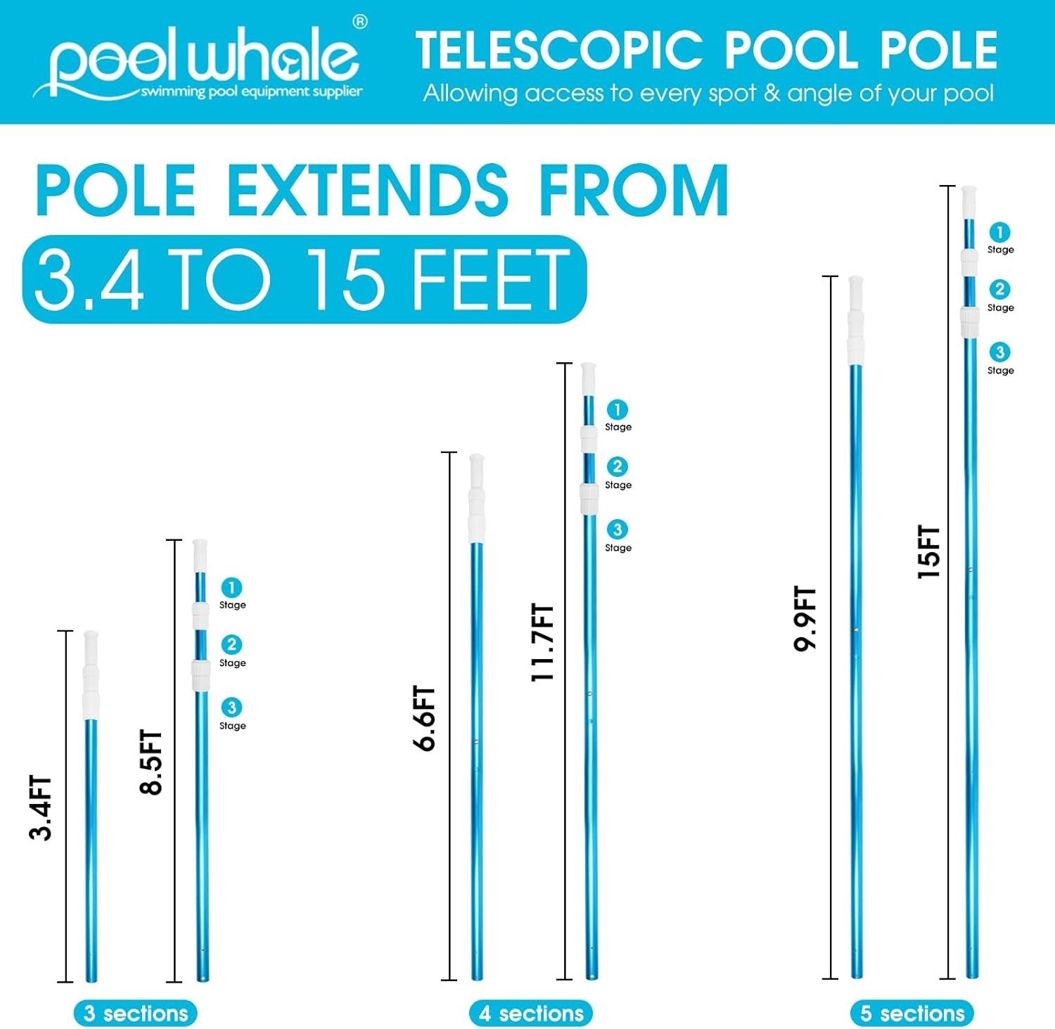 Adjustable 15ft Telescopic Pool Pole in Blue Aluminum – Heavy Duty & Versatile