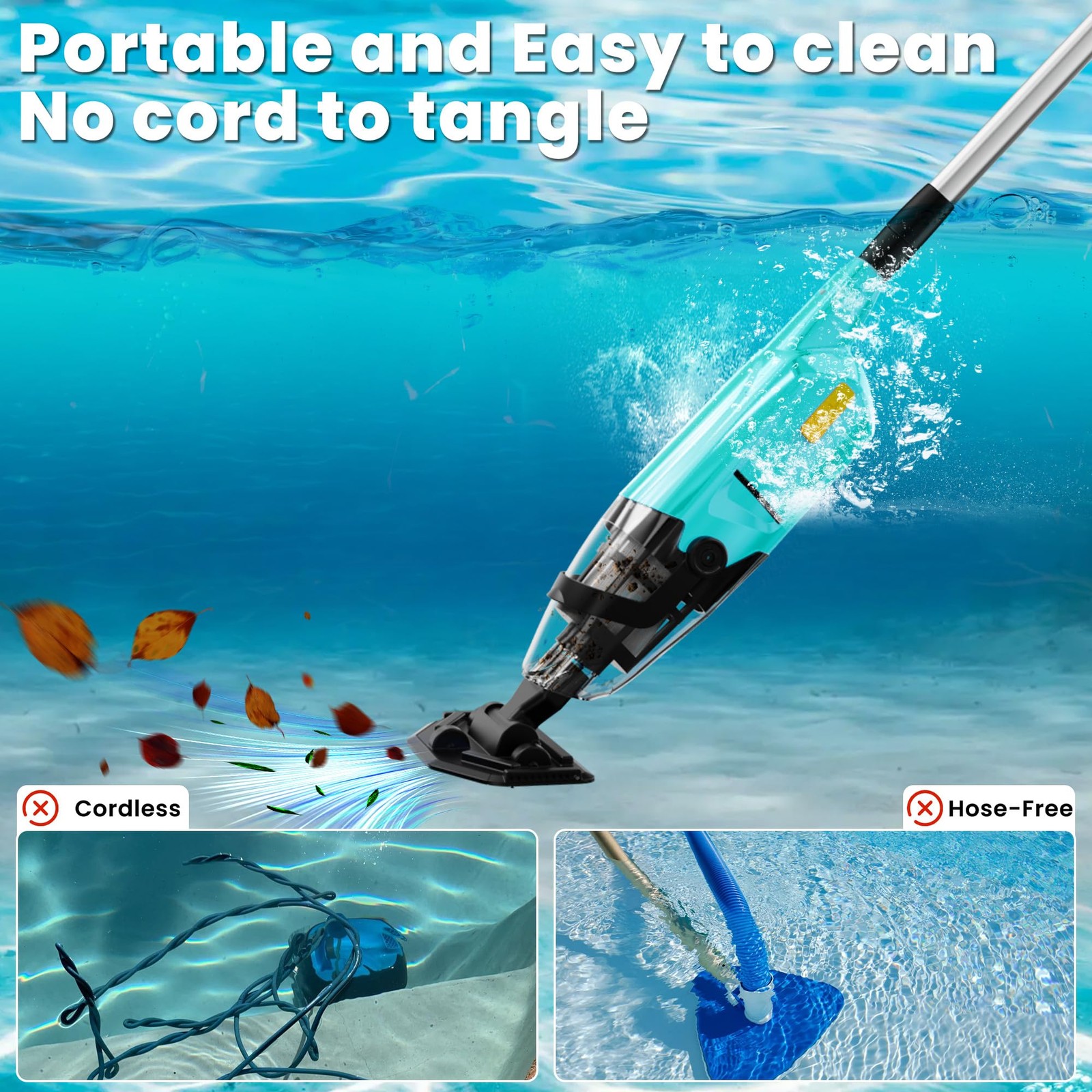 Cordless Rechargeable Handheld Pool Vacuum Cleaner w/ Telescopic Pole 90min IPX8