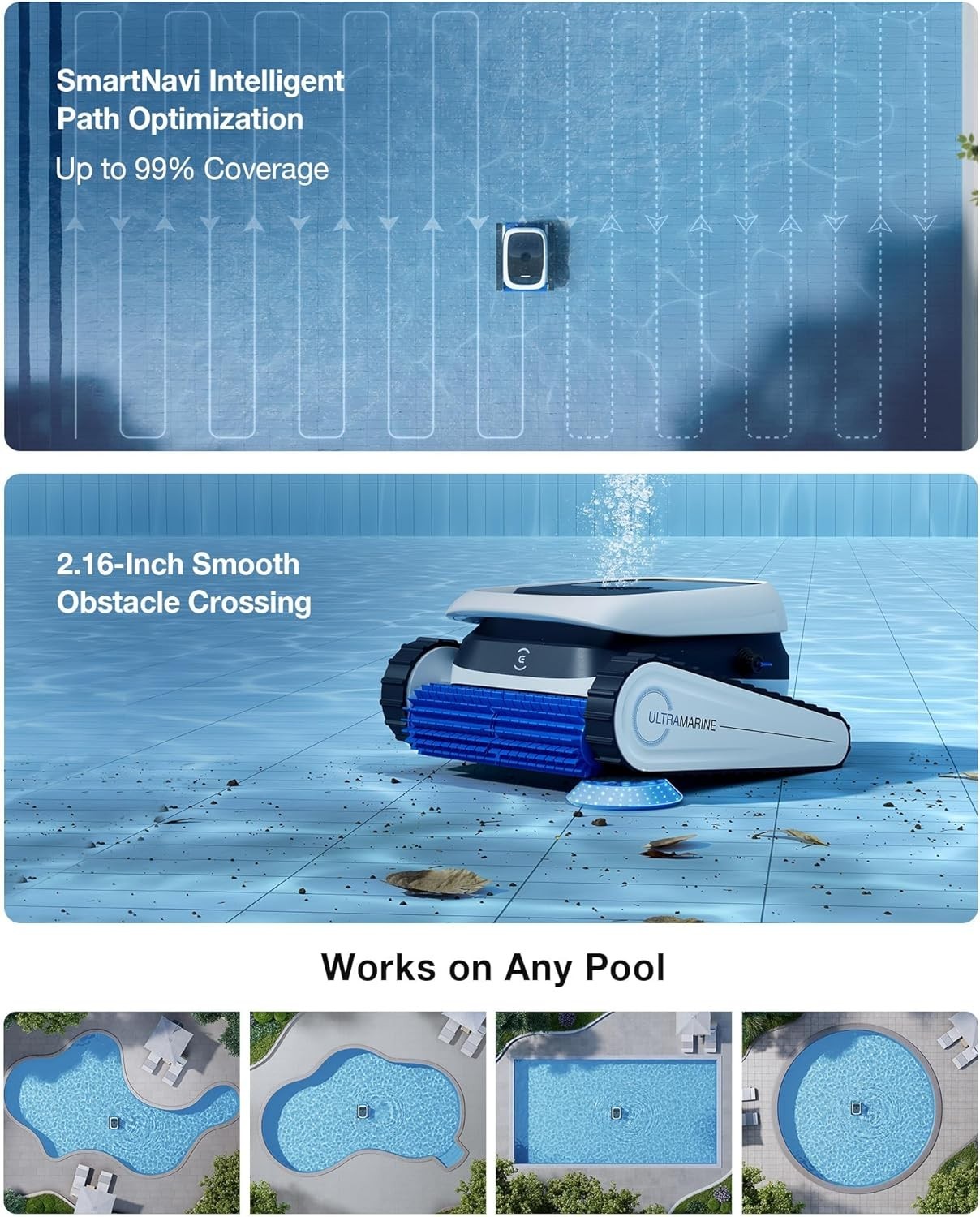 Ultramarine P1 Cordless Pool Cleaner, Smart Navigation, 180 Min Runtime