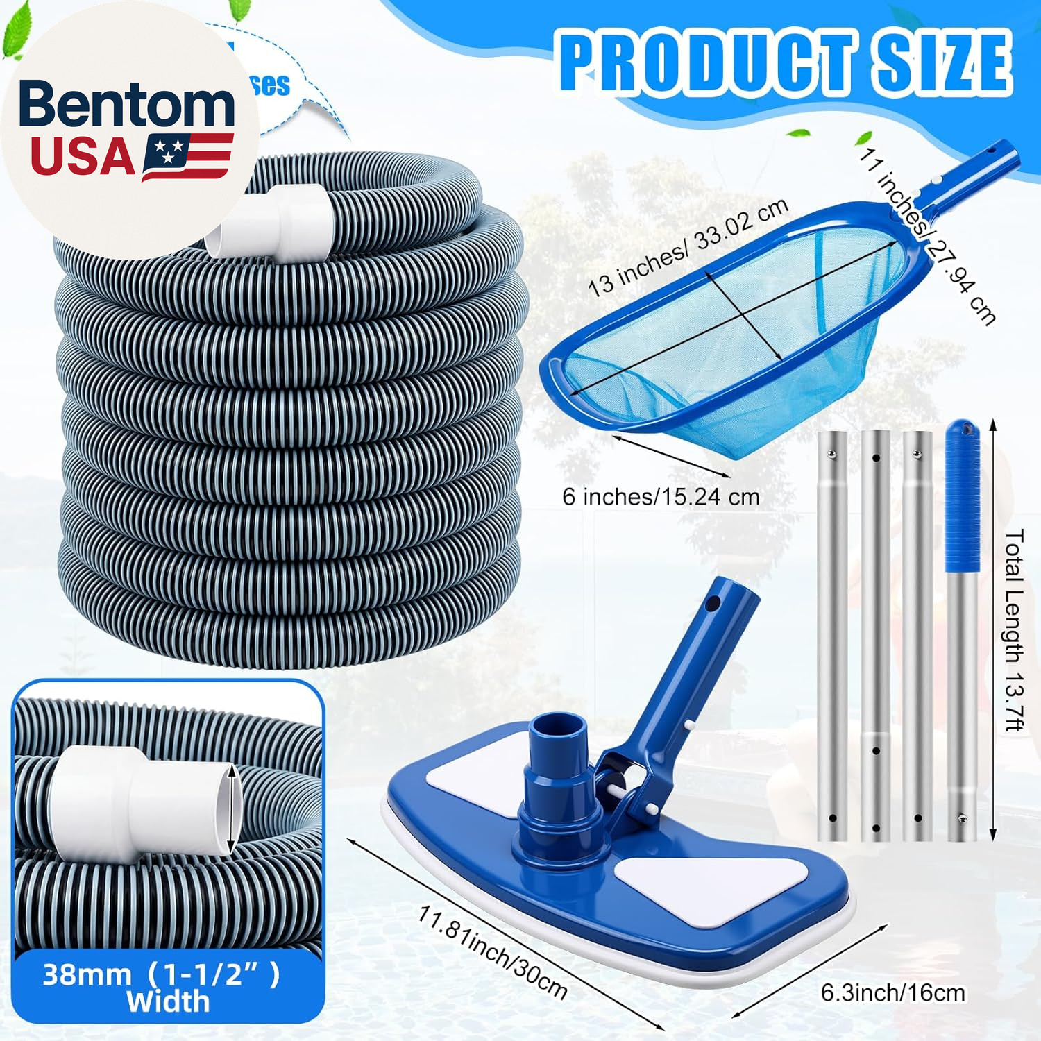 4 Pcs Swimming Pool Vacuum Kits 11.8&Prime; Vacuum Head with 1-1/2&Prime; X 29.5 Ft Hoses, 1
