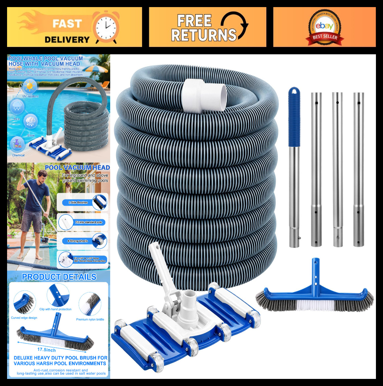 4 Pcs Pool Cleaning Kit – Vacuum Head, 30ft Hose, Flexible Brush & Pole for Ingr