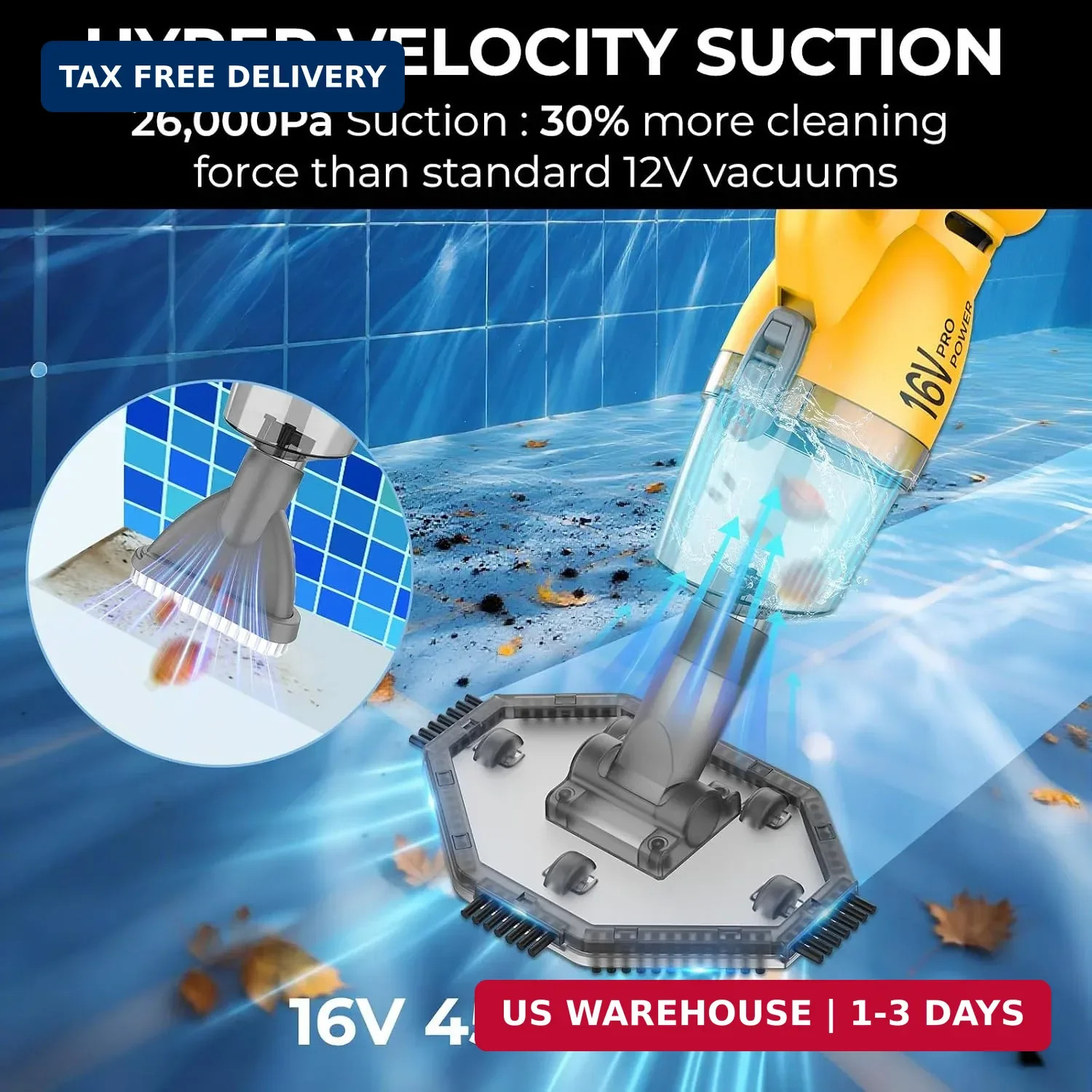 16V Cordless Handheld Pool Vacuum – 26,000Pa Hyper Suction, 3-Stage 3D Fiber Bal