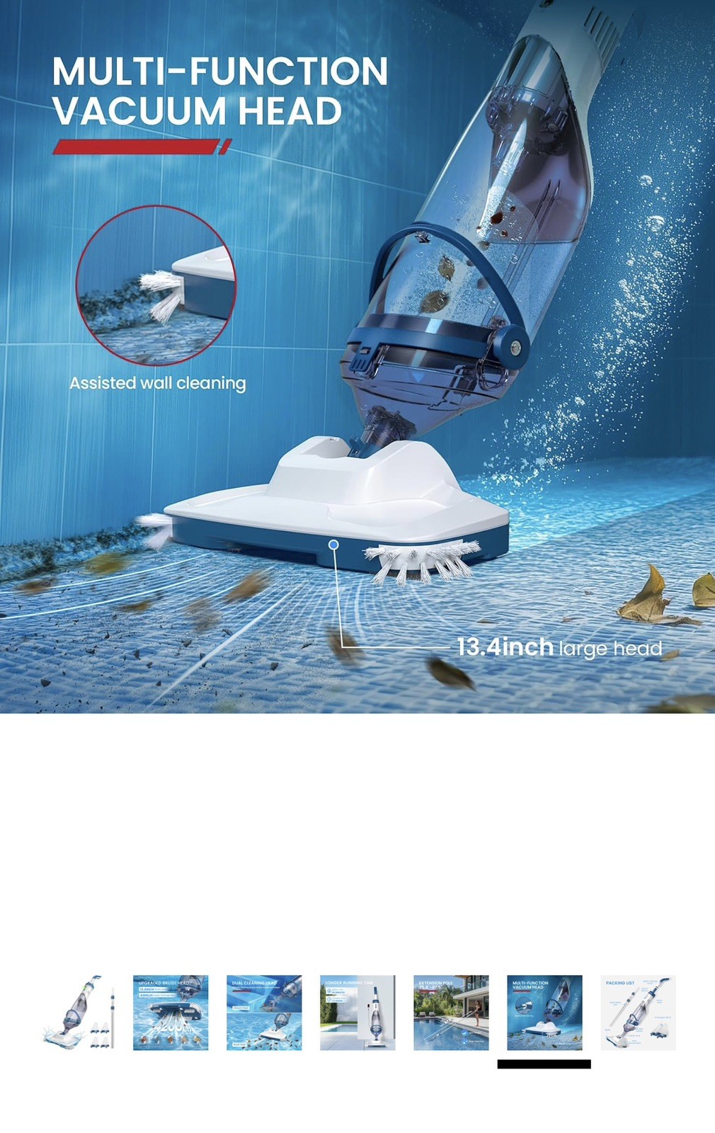 PC15 Cordless Pool Vacuum: 13.4&Prime; Head & 87.5&Prime; Telescopic for Fast Cleaning