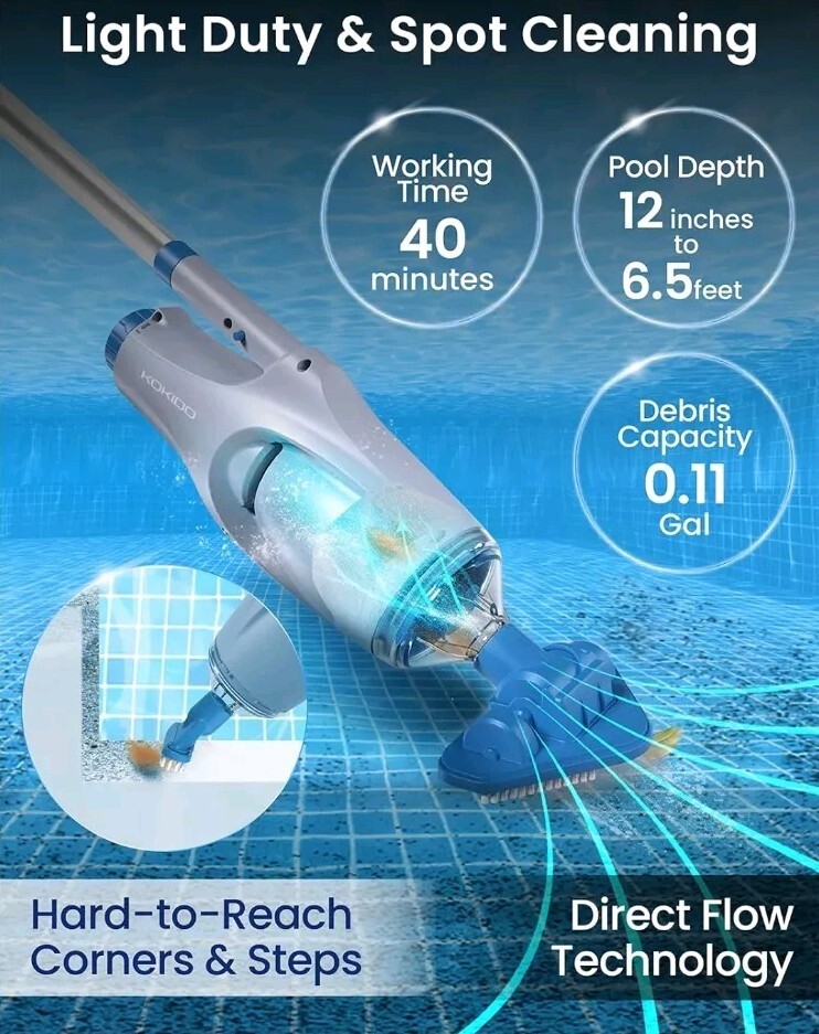 KOKIDO 2024 Rechargeable Handheld Pool Vacuum Set with Adjustable Pole and 2 Int