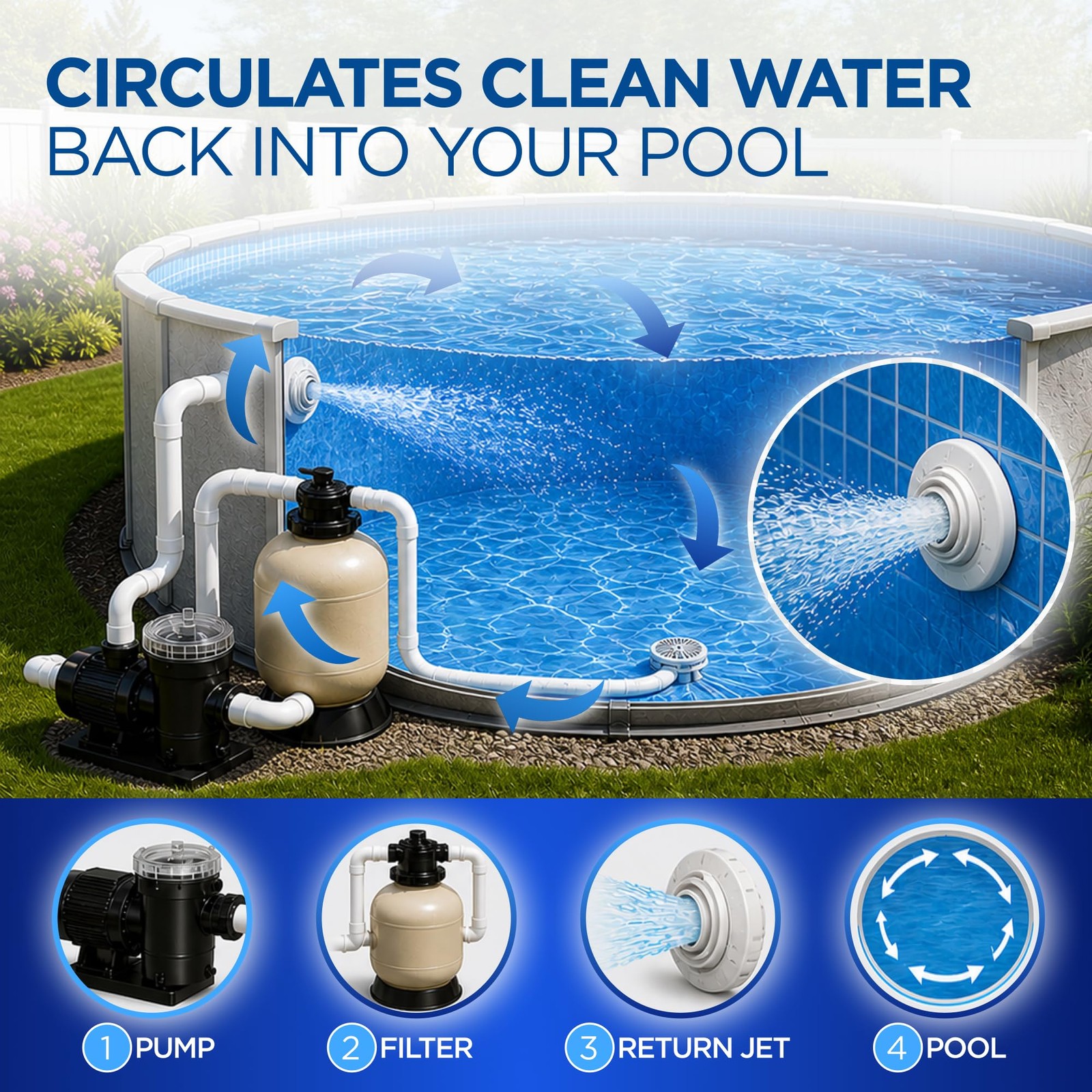 FibroPool Pool Return Jet Kit – Adjustable Eyeball Fitting, Stainless White