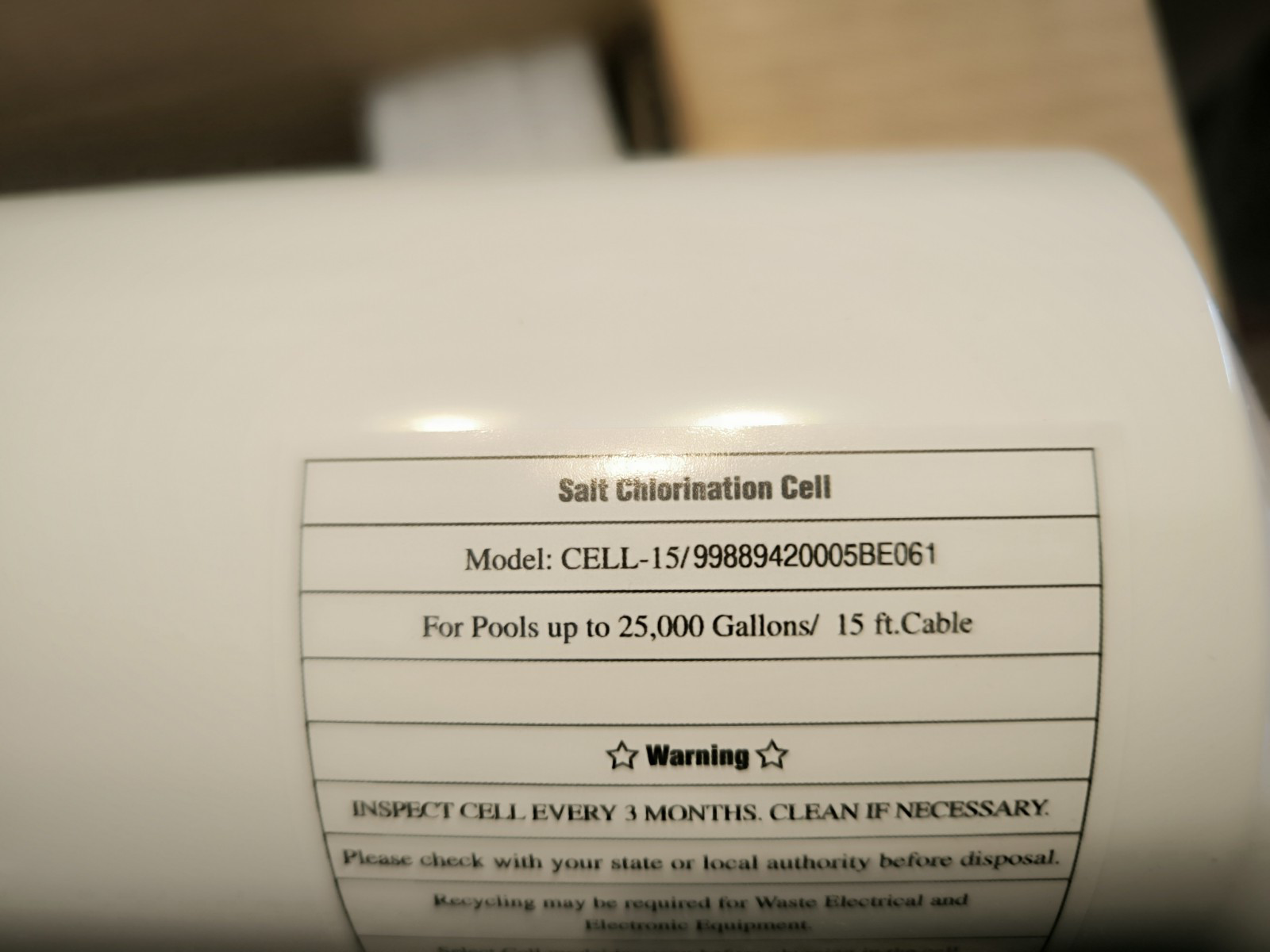 Cell-15 Salt Cell up to 25,000 Gallon Pool Chlorination Salt Chlorine Generator