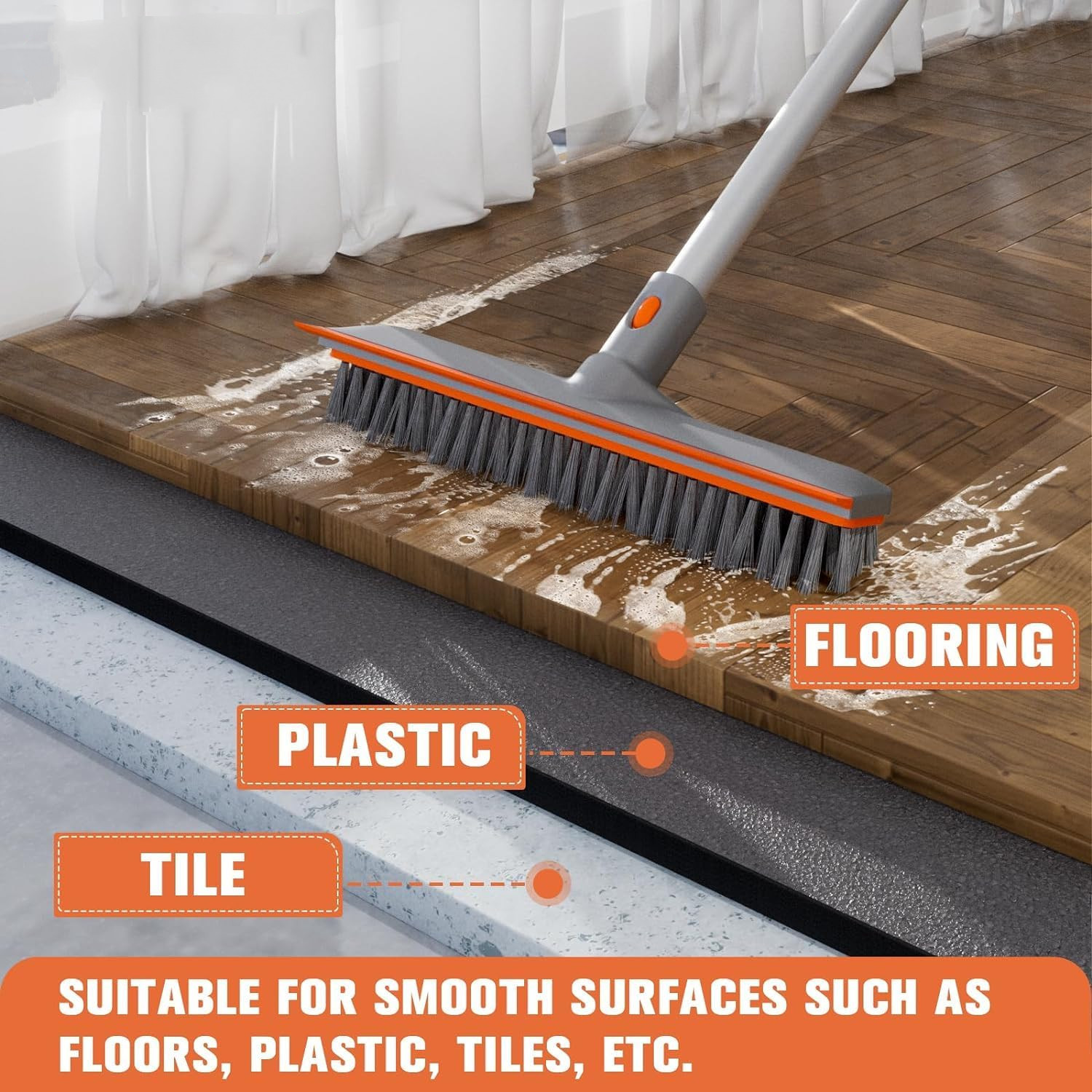 Floor Scrub Brush Long Handle 2 in 1 Deck Brush Squeegee 60 In Garage Cleaner