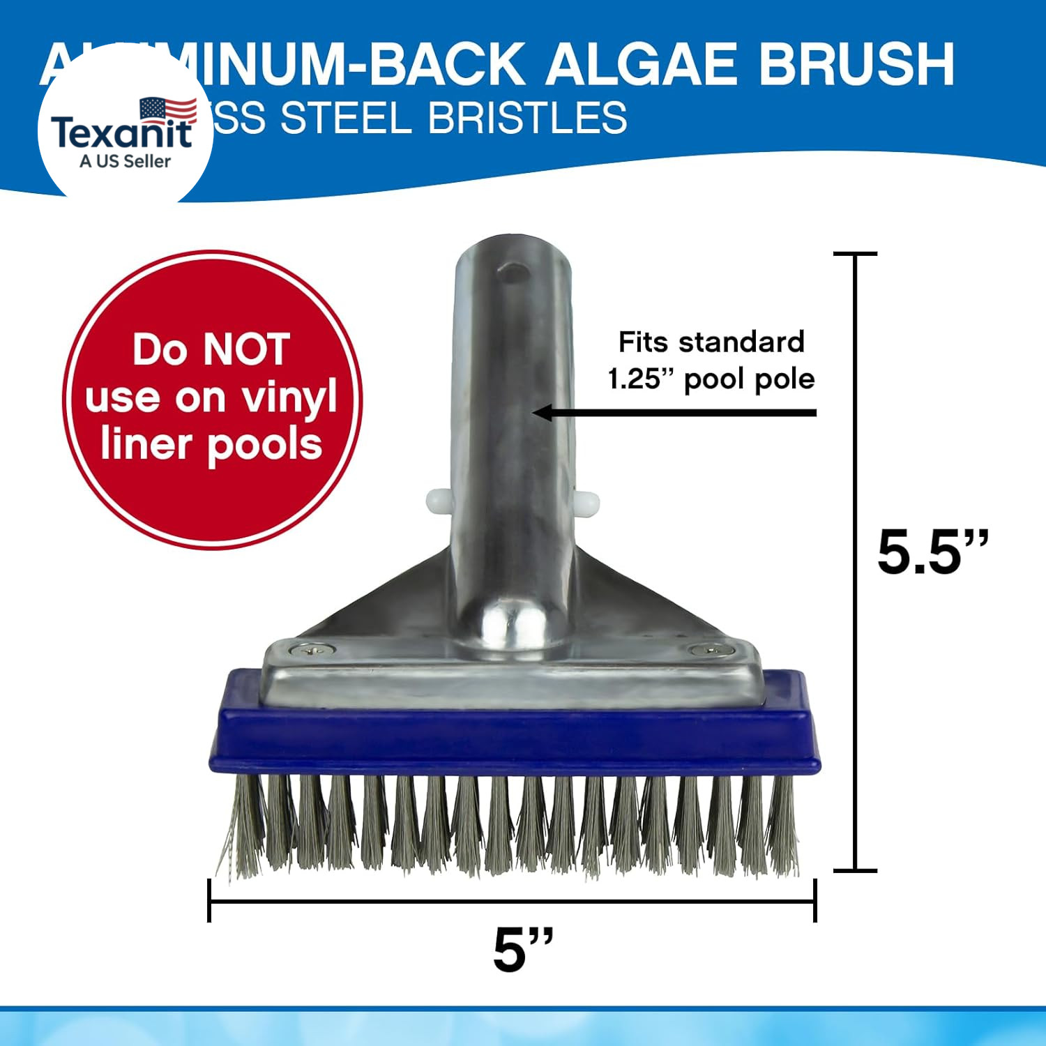 5-Inch Stainless Steel Pool Algae Detail Brush, Heavy-Duty Aluminum Back, for Gu