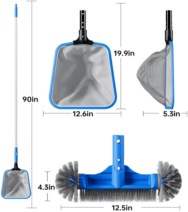Kit Limpieza Piscina Red Skimmer Malla Fina Cepillo 12&Prime; y Poste 70.5&Prime;, Nuevo
