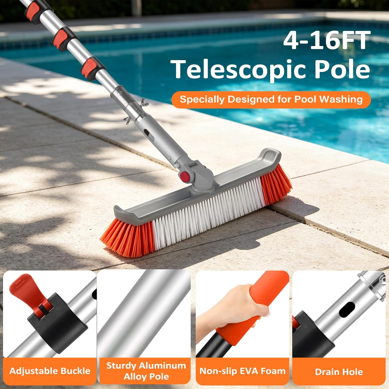 16FT Pool Brush with Pole, 19&Prime; Heavy Duty Swimming Pool Brush with 4-16FT Alumin