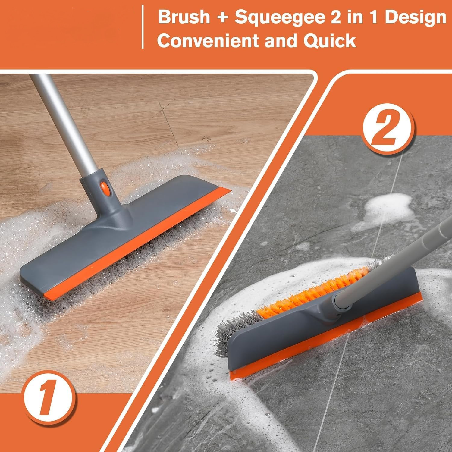 Floor Scrub Brush Long Handle 2 in 1 Deck Brush Squeegee 60 In Garage Cleaner