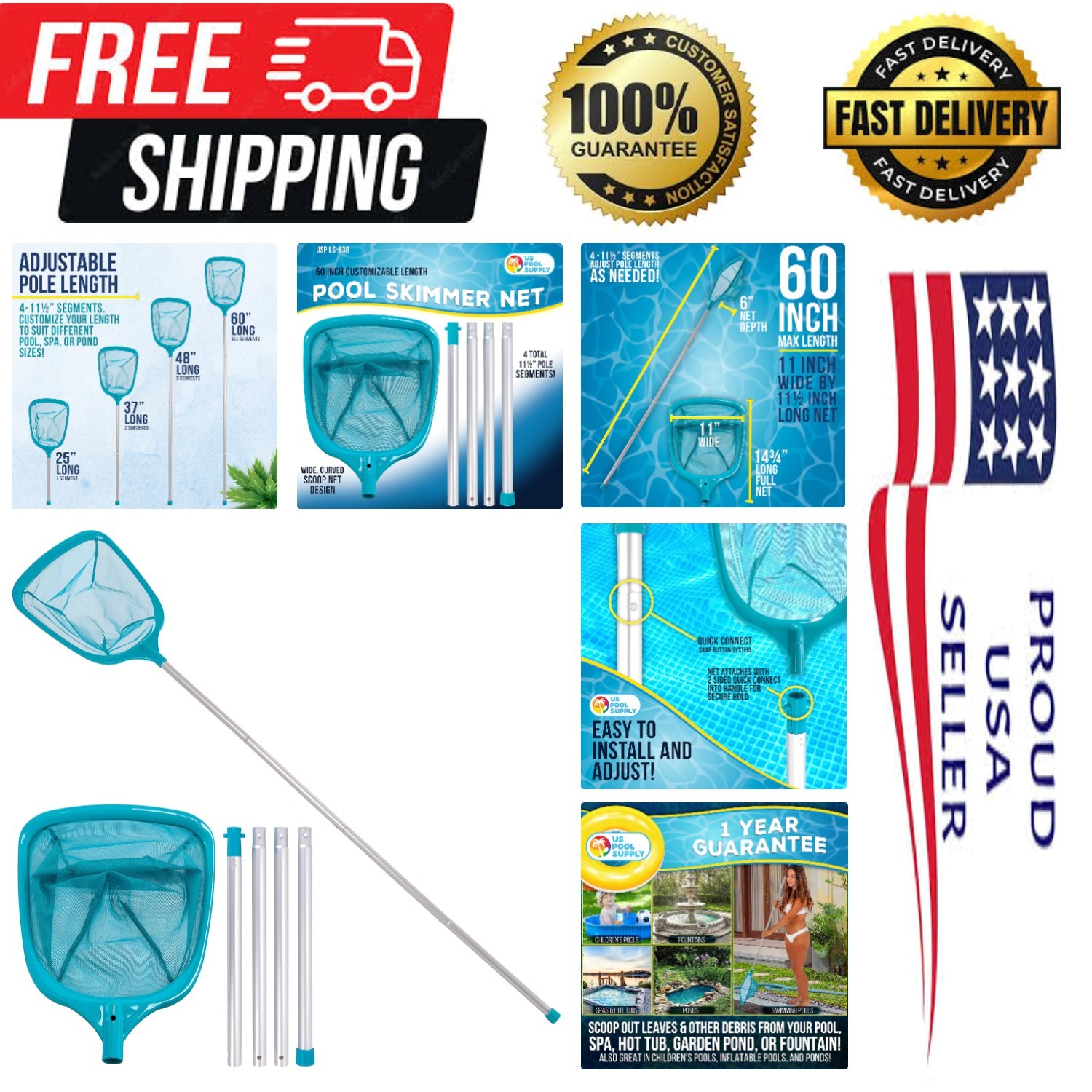 Telescopic 5 Foot Pool Skimmer with Aluminum Pole – Perfect for Spas and Ponds