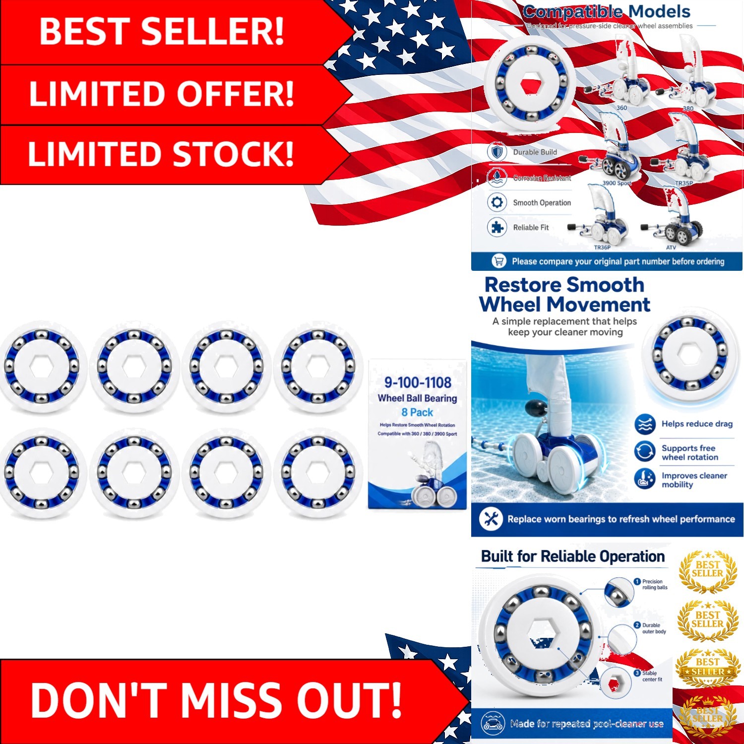 8 Pack Replacement Ball Bearings for Polaris Pool Cleaners – Enhanced Mobility