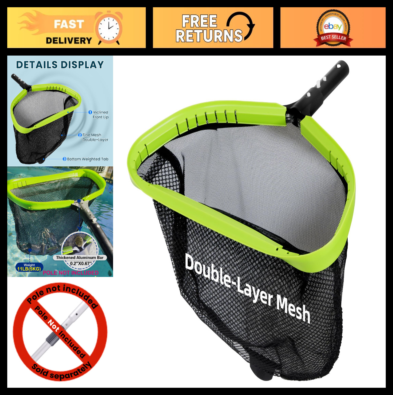 Professional Pool Leaf Skimmer Net – Heavy Duty Aluminum Frame, Deep Bag for Cle