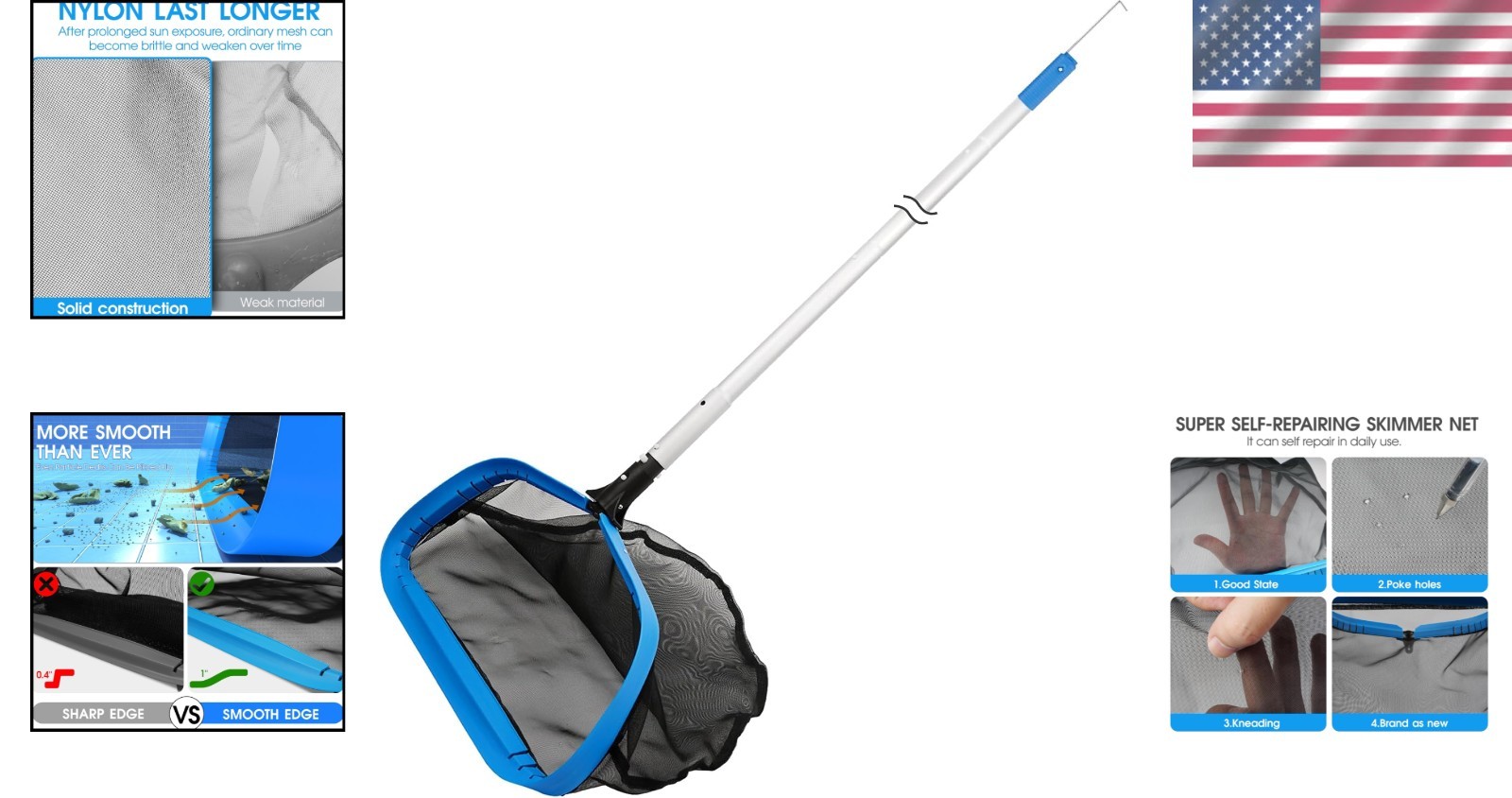 Strong Nylon Mesh Pool Skimmer with Hidden Retrieval Hook
