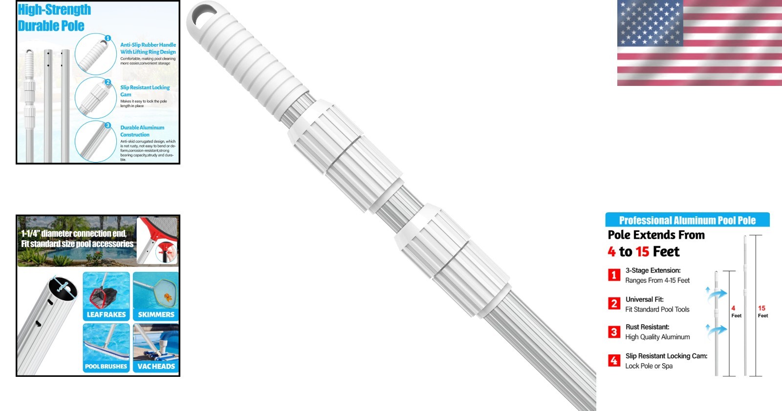 Extended 15 Foot Telescopic Pool Pole Sturdy Design for Efficient Cleaning