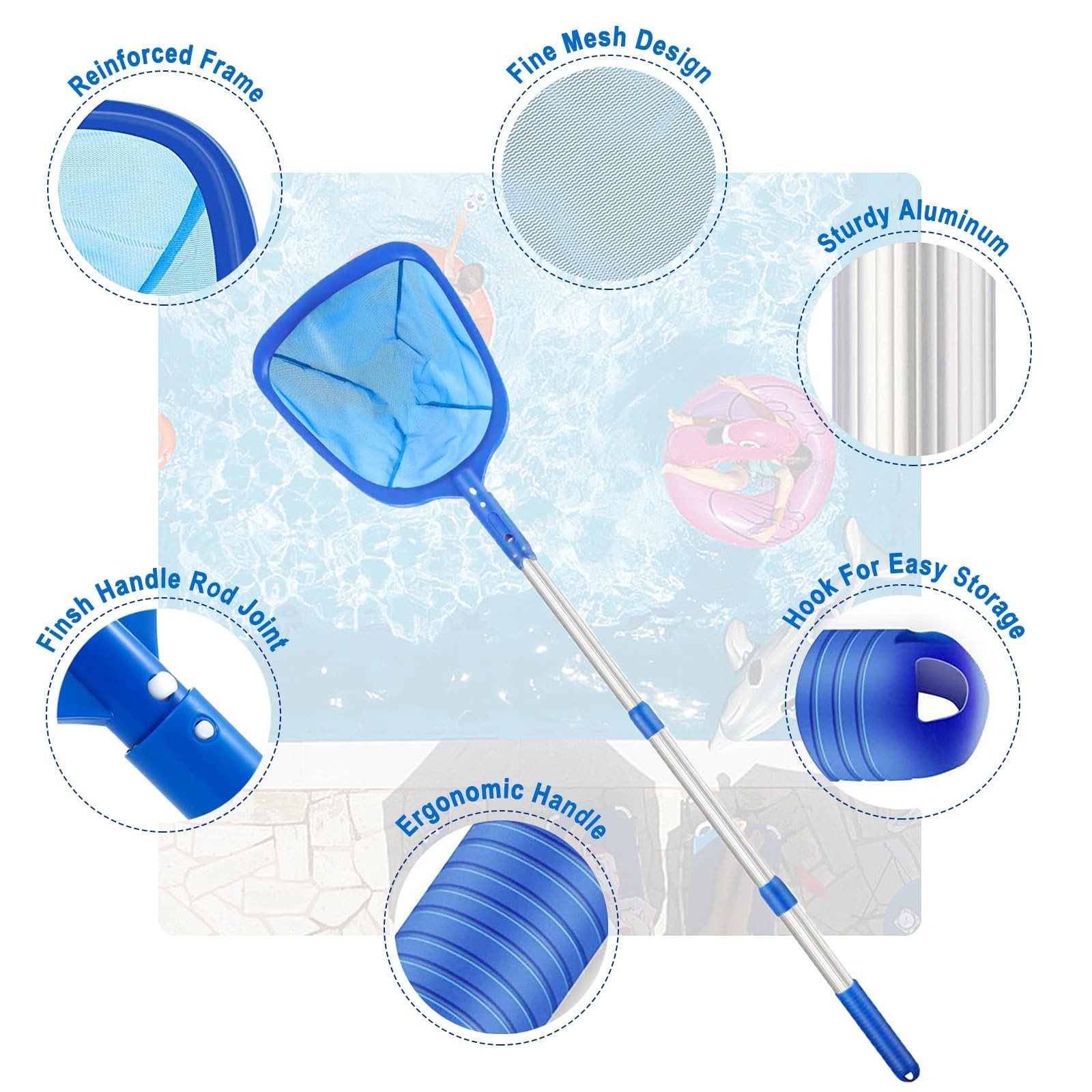 Swimming Pool Skimmer Net – 3 Section Telescopic Pole Fine Mesh Deepwater Net Cl