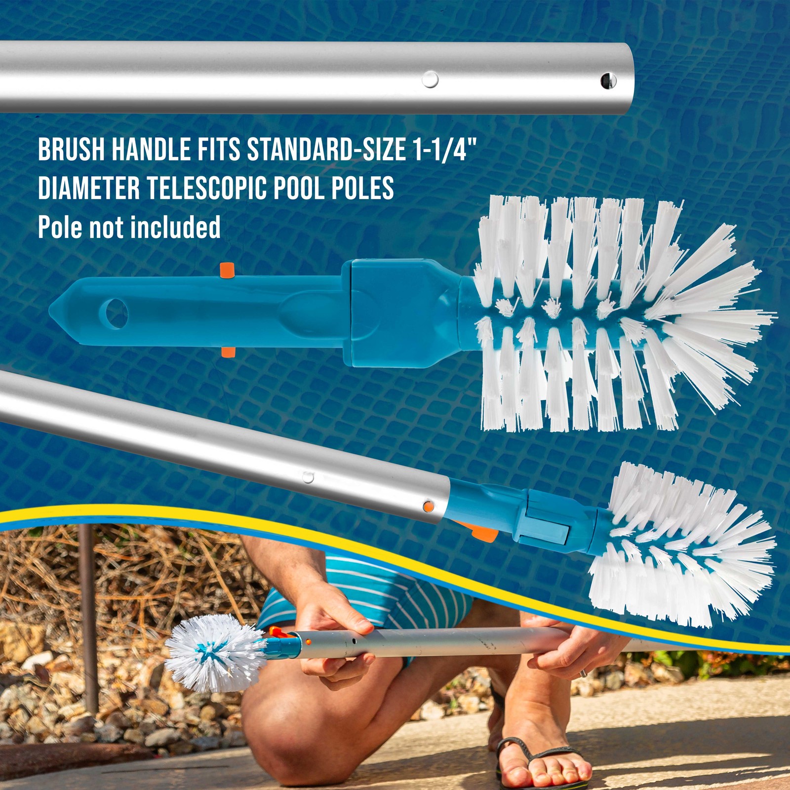 Pool Round Corner and Step Brush with Pole Handle, Nylon Bristles Scrub & Clean