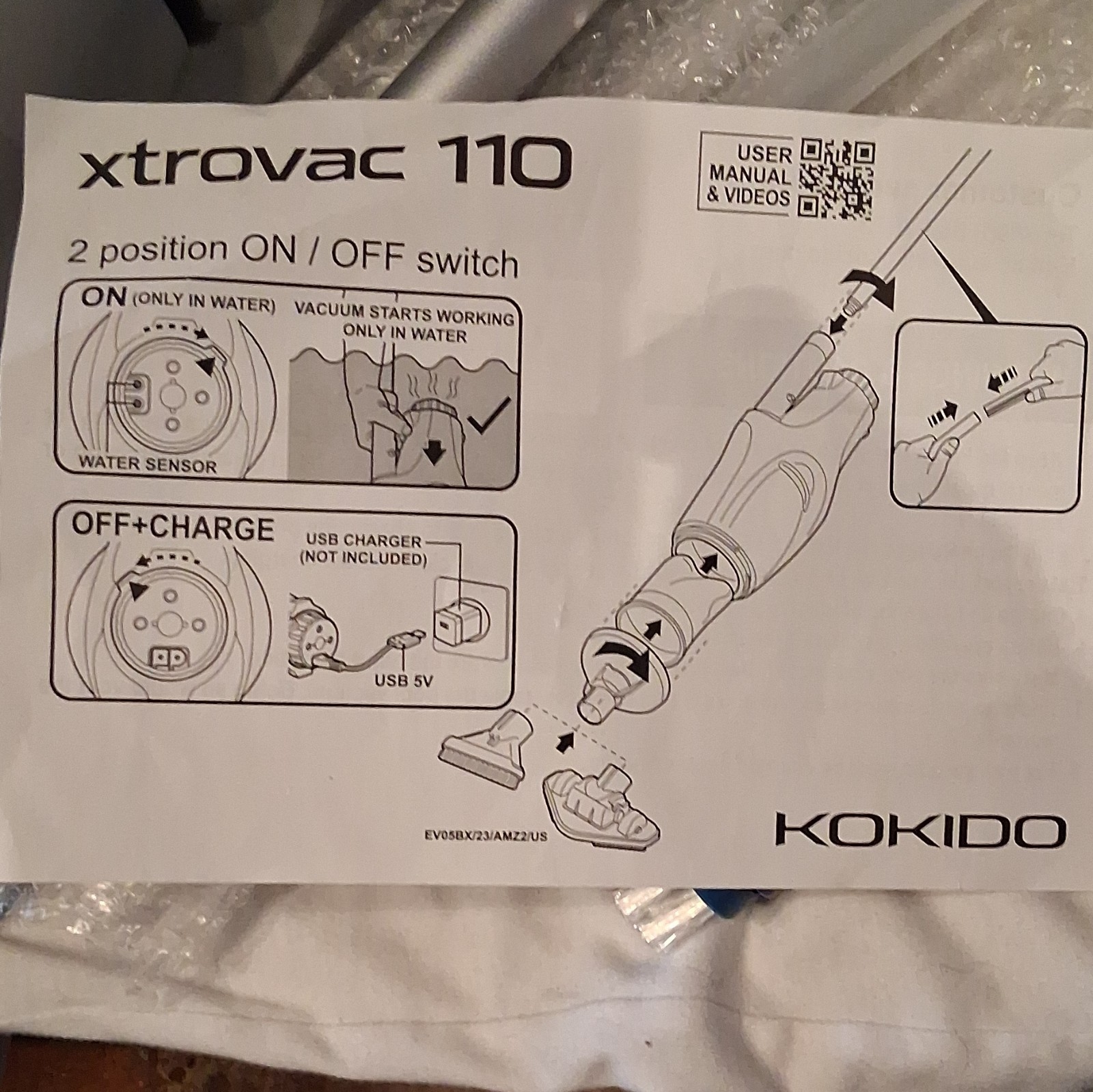 Kokido Xtrovac 110 Pool Vacuum EV05 15W DC 5V 2600mAh w/ Brush Nozzle