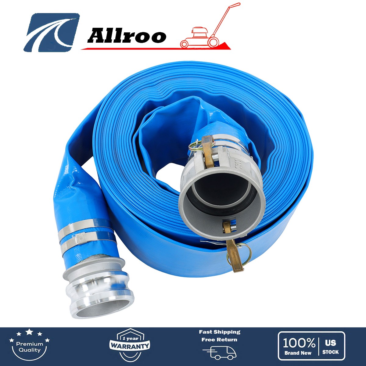 3&Prime; x 50ft Blue PVC Irrigation Discharge Hose W/Aluminum Connectors for Pools