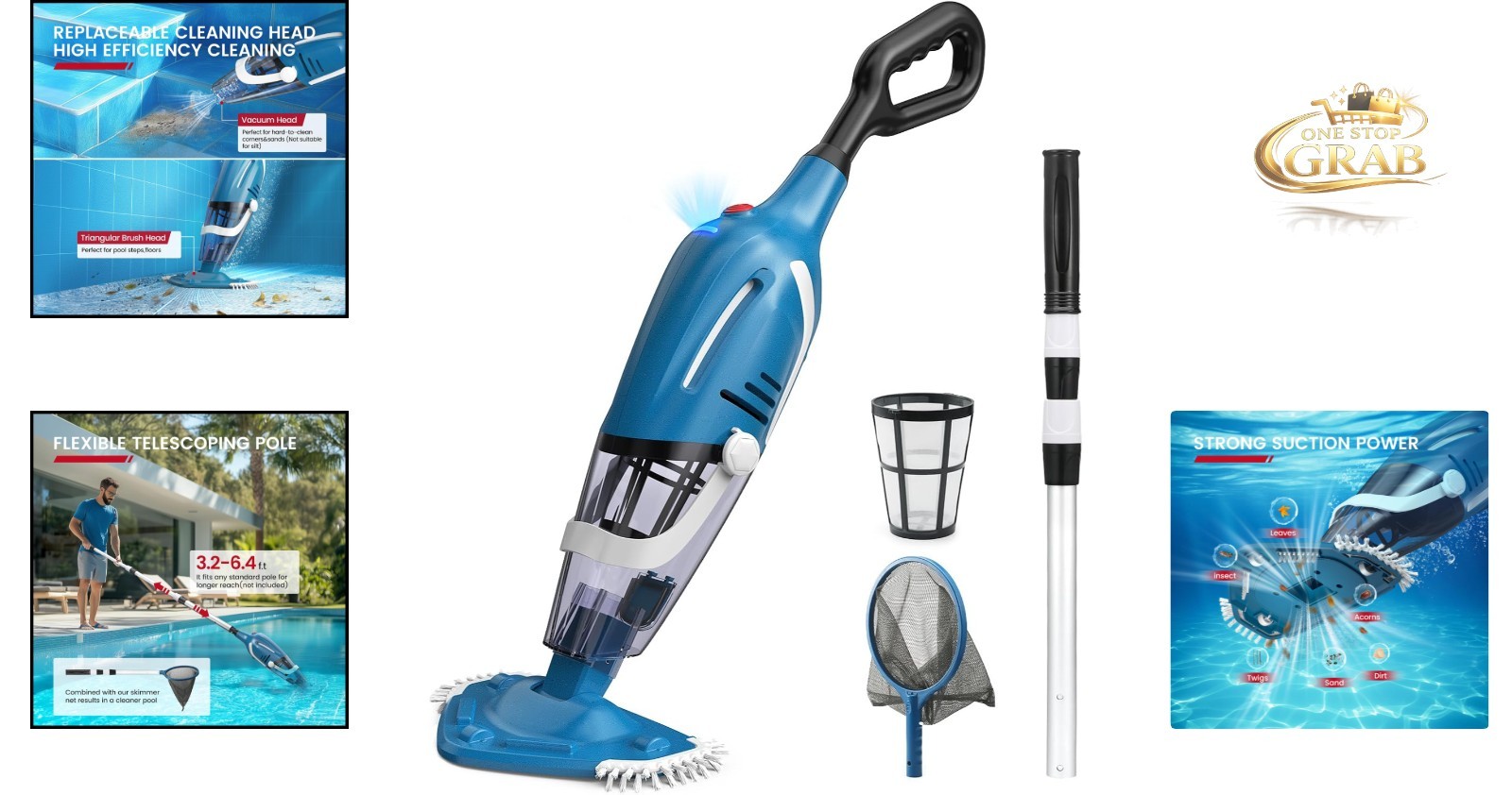 New 2026 Upgraded Pool Vacuum Cordless 80 Min Runtime Telescopic Pole Blue