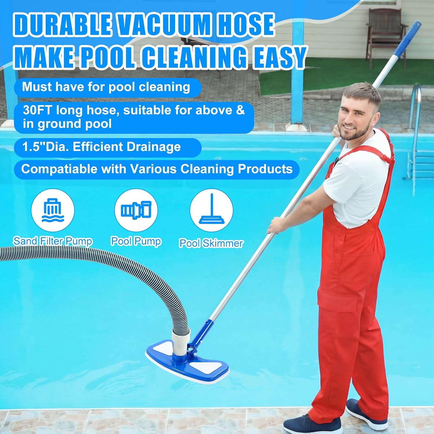 4 Pcs Swimming Pool Vacuum Kits 11.8&Prime; Vacuum Head with 1-1/2&Prime; X 29.5 Ft Hoses, 1