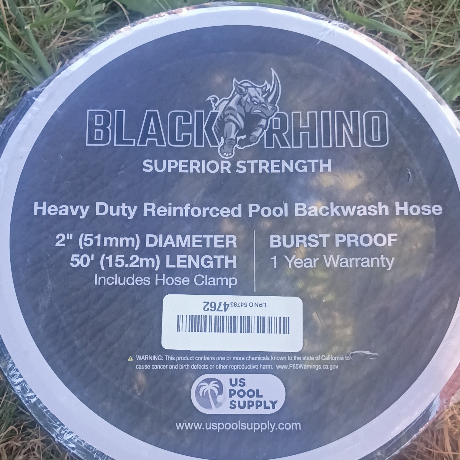 Black Rhino Heavy Duty Reinforced Burst Proof PVC Pool Hose 2in x 50ft Clamp