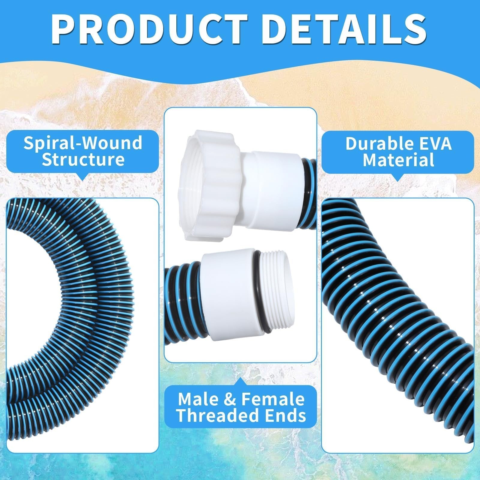 2-Pack 1.5&Prime; 6ft EVA Pool Hoses for Above Ground Filter Connection – Heavy Duty