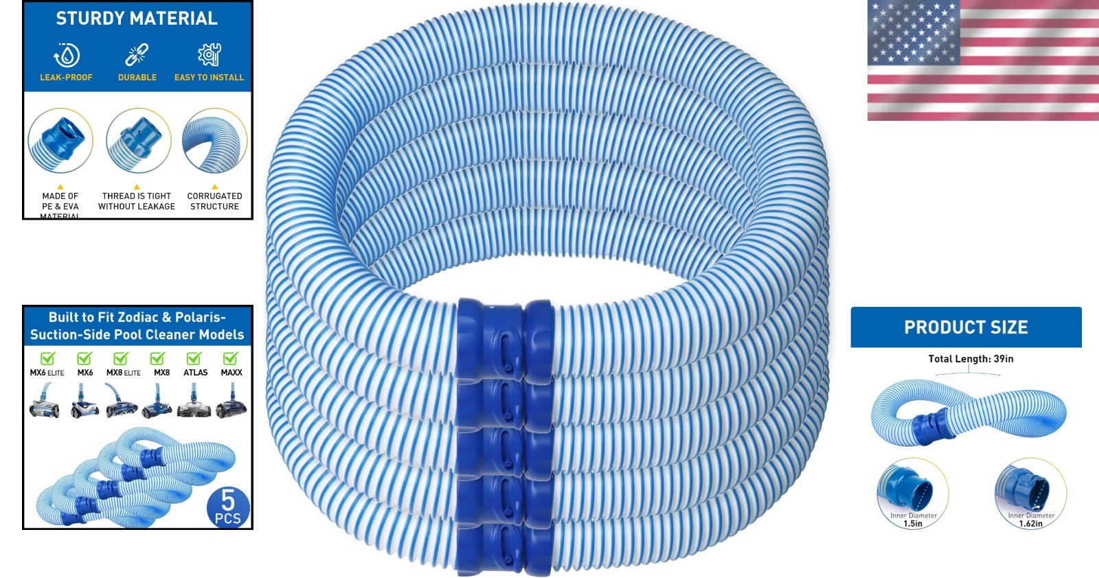 39-Inch Inground Pool Vacuum Hoses, Twist Lock Connection