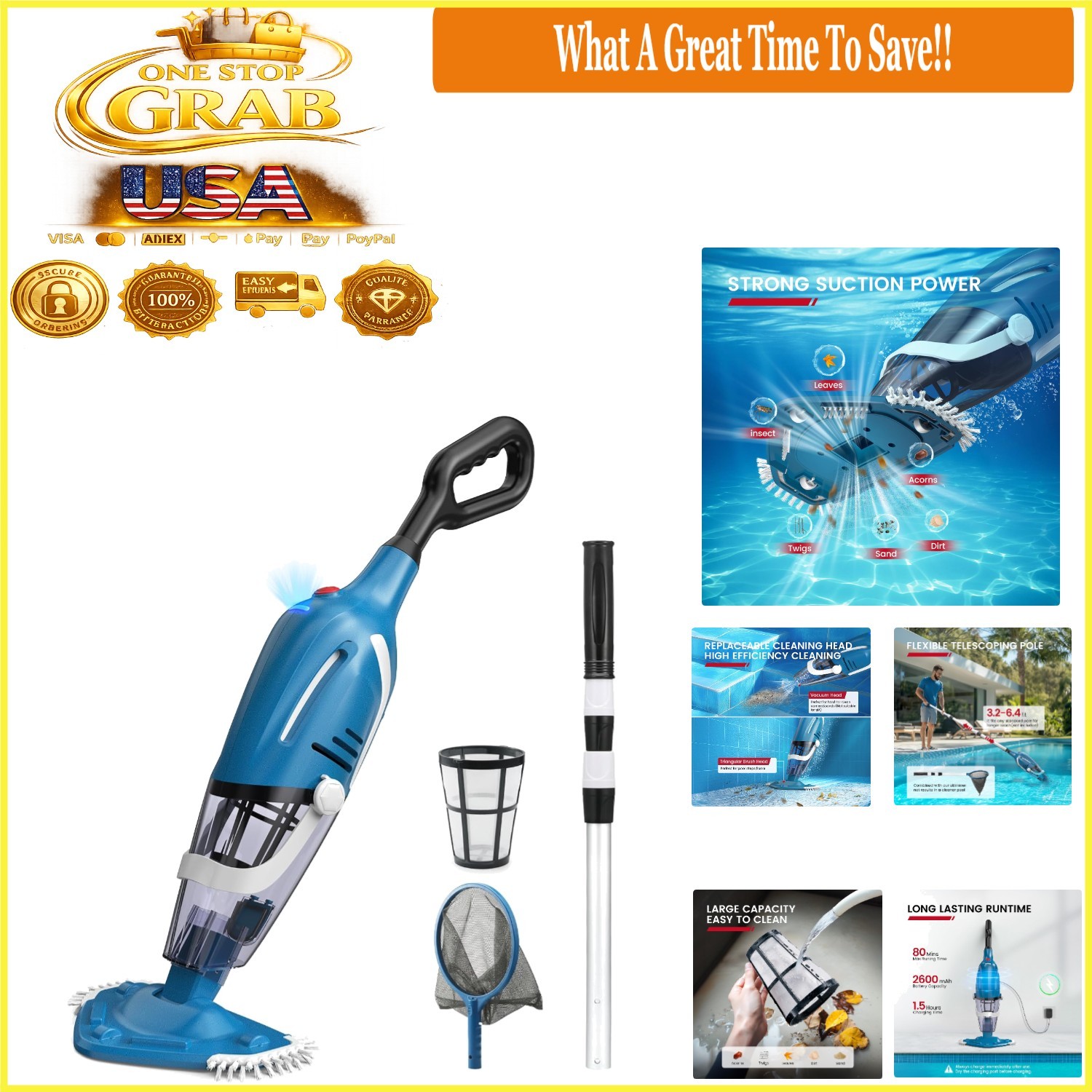 New 2026 Upgraded Pool Vacuum Cordless 80 Min Runtime Telescopic Pole Blue
