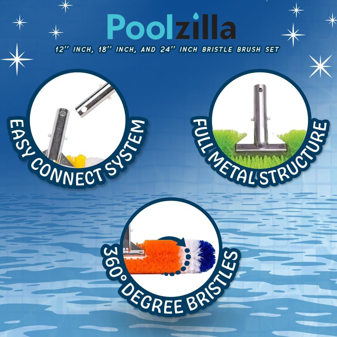 Pool Brush [3 Pack] – 360 Degree Bristles, with 12 Inch, 18 Inch, and 24 Inch fo
