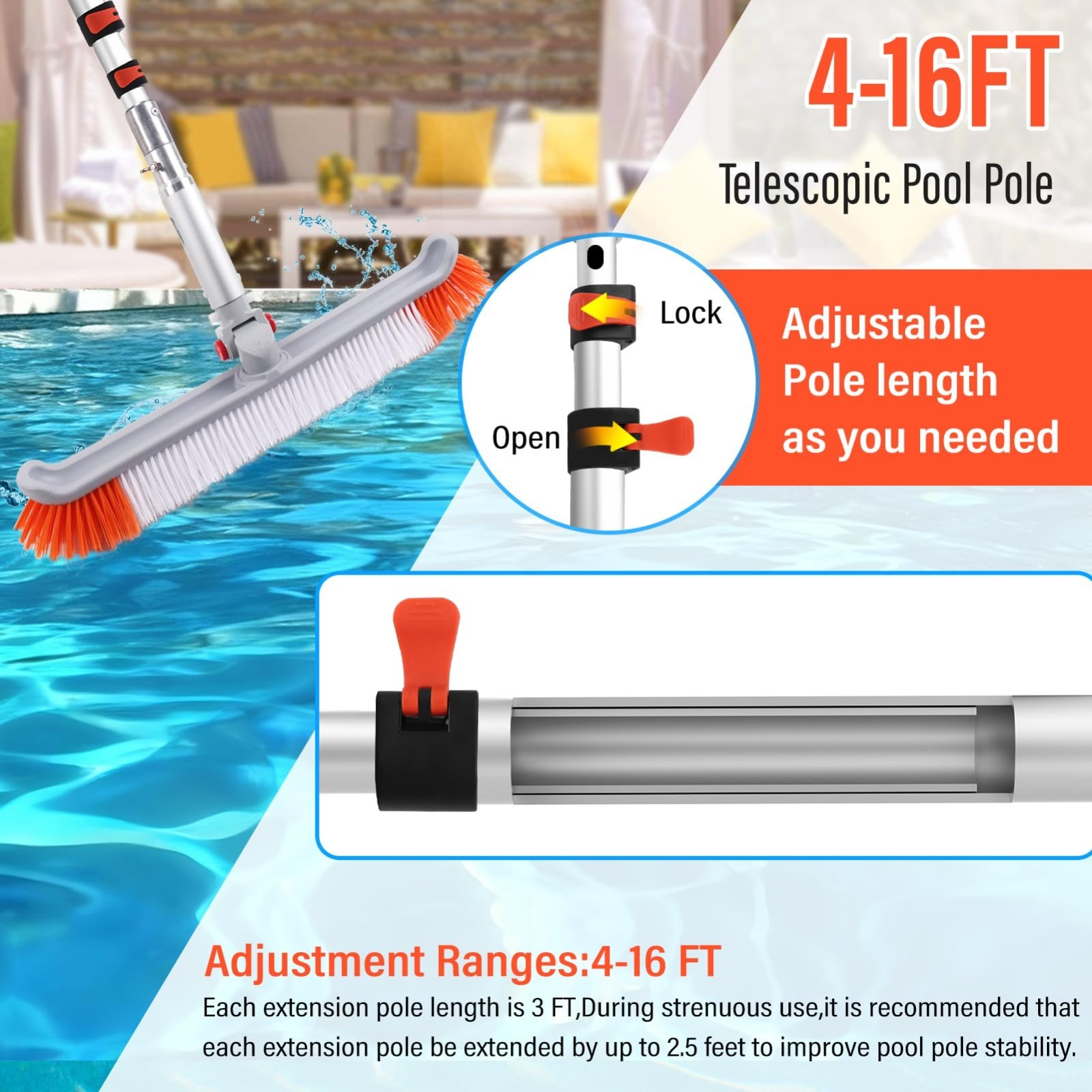 16FT Telescoping Pool Cleaning Pole with 19&Prime; Brush Head, Heavy Duty Adjustable T