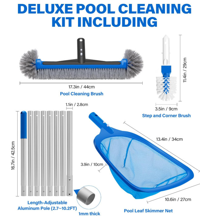 Kit 4 en 1 limpieza de piscina: red fina, cepillo, cabezal extra y asta 10 pies.