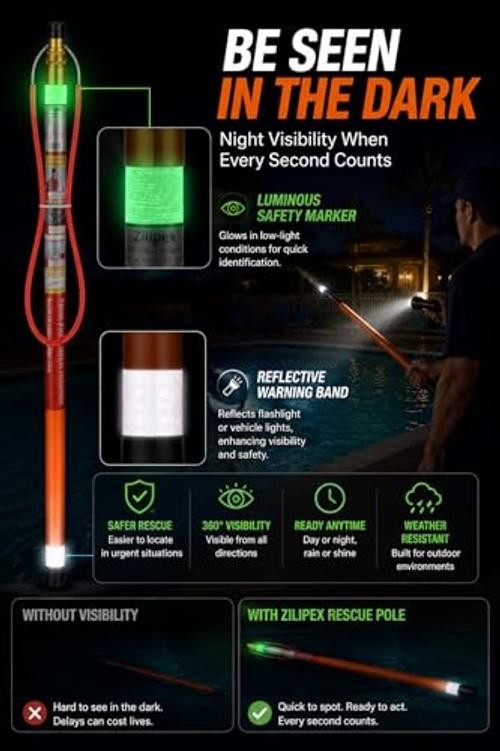 15FT Telescopic Pool Rescue Pole with Safety Hook, Fiberglass Water Safety
