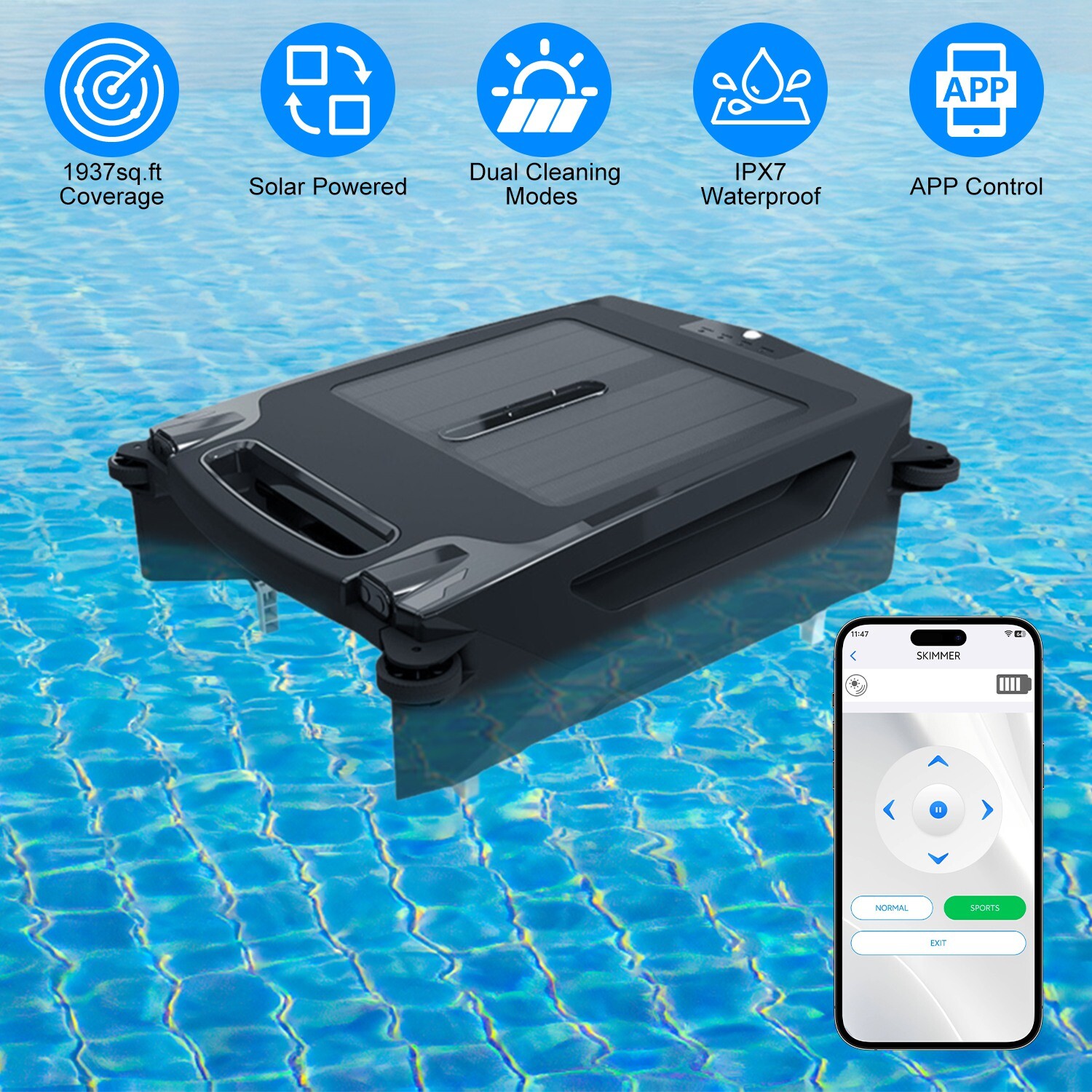 Solar Cordless Robotic Pool Cleaner Skimmer w/ APP Control for Pool Cleaning