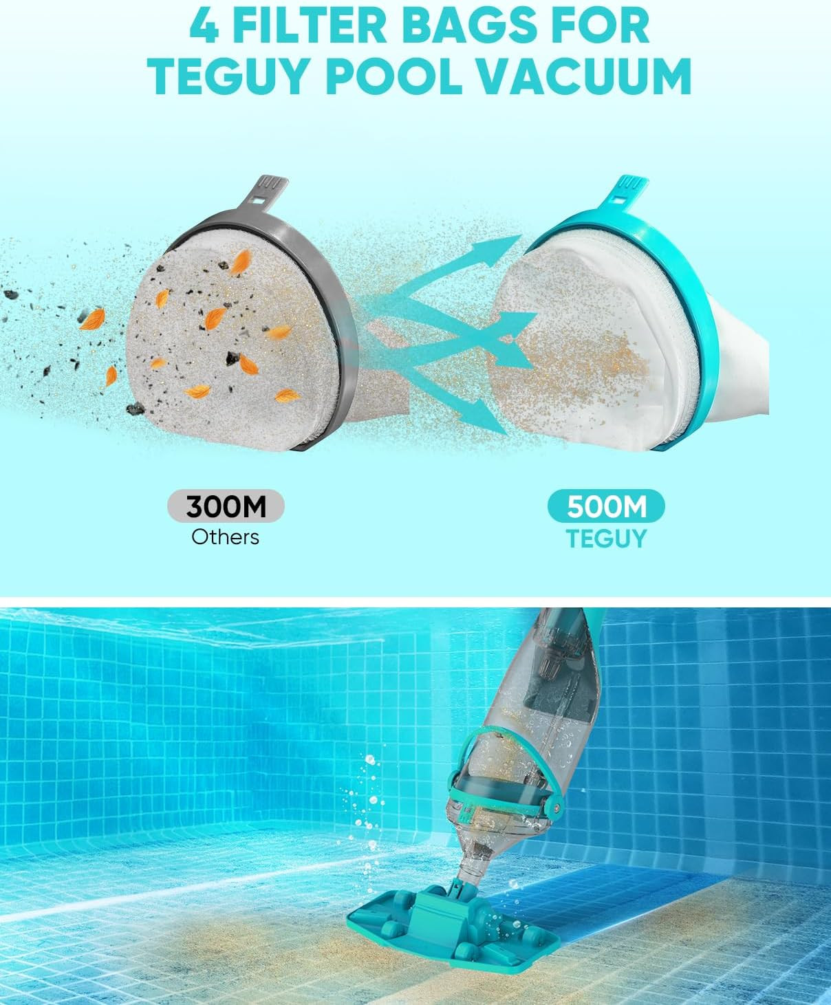 Cordless Pool Vacuum with Telescopic Pole, 8.5 GPM Powerful Suction, .5H Superch