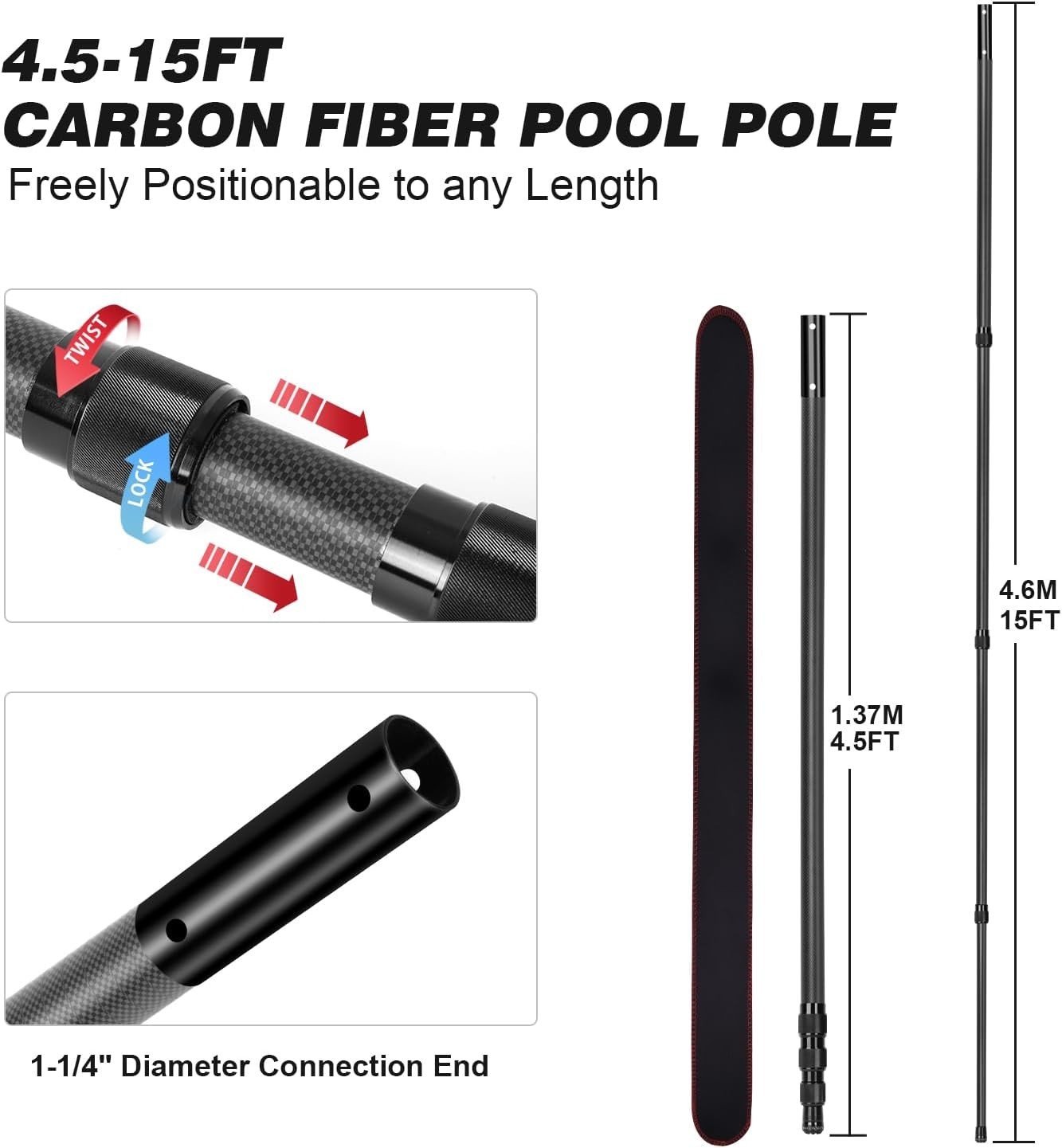 15FT Carbon Fiber Telescopic Pool Pole – Heavy Duty Cleaning & Skimming Tool