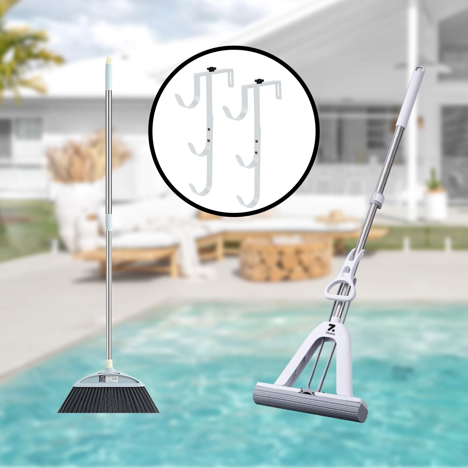 Adjustable Heavy Duty Pool Pole Hangers – 2Pcs Fence Hooks for Skimmers, Rakes,