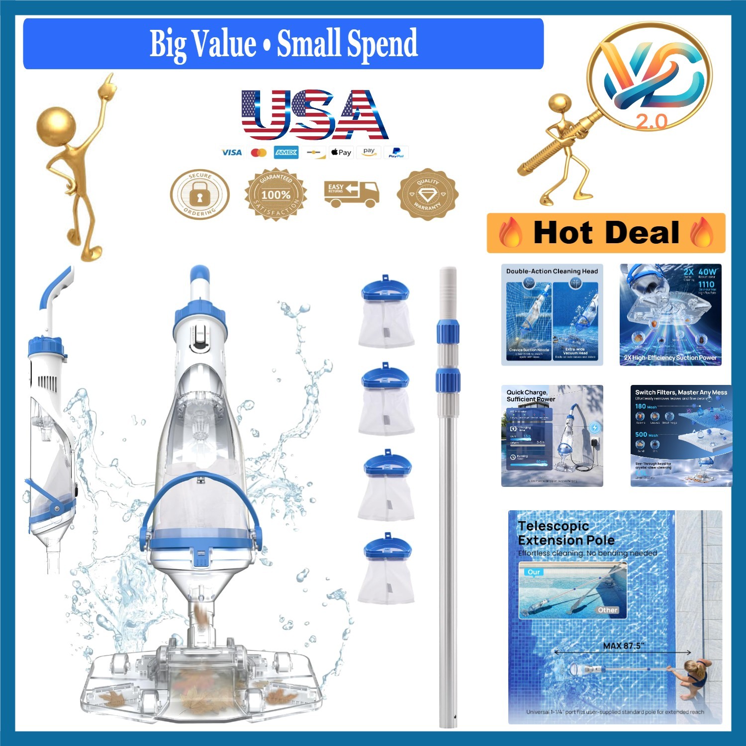 Cordless Pool Vacuum Handheld Rechargeable Cleaner 1100 GPH Light Blue