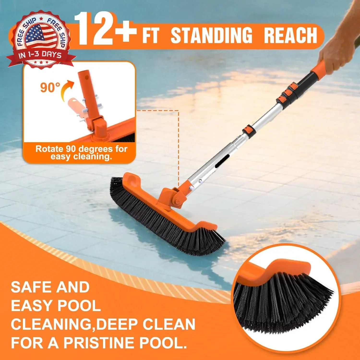 LAANPOLE Pool Brush with Pole, 12FT Heavy Duty Telescopic Pool Pole with 18&Prime; Poo
