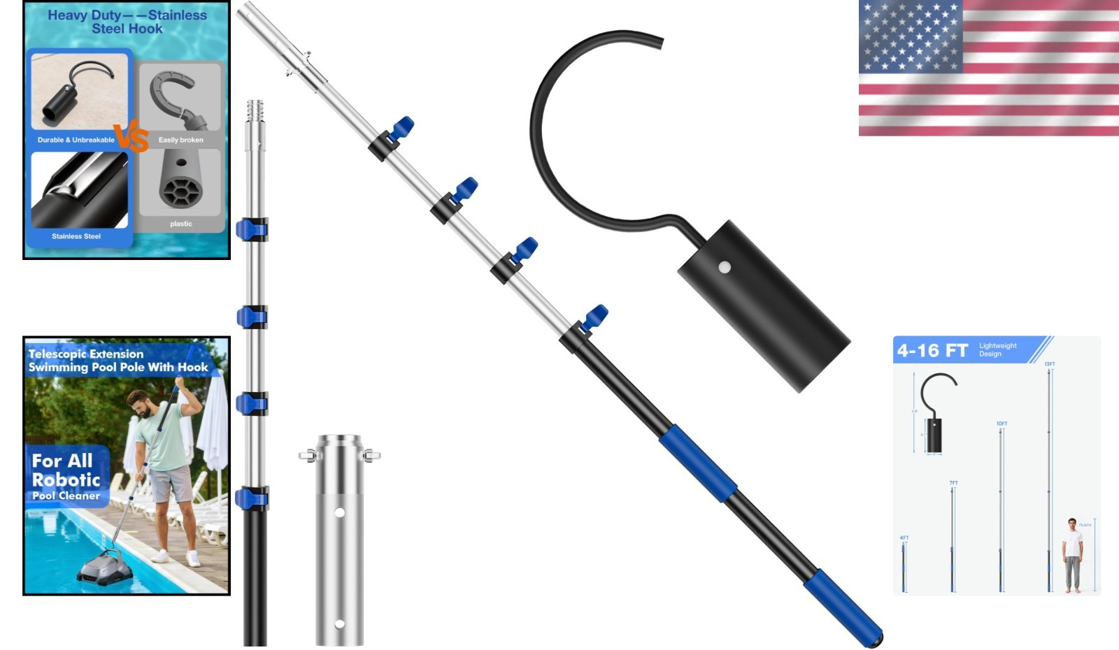 16 Ft Telescopic Pool Pole with Robotic Pool Cleaner Hook, Extendable Aluminu…