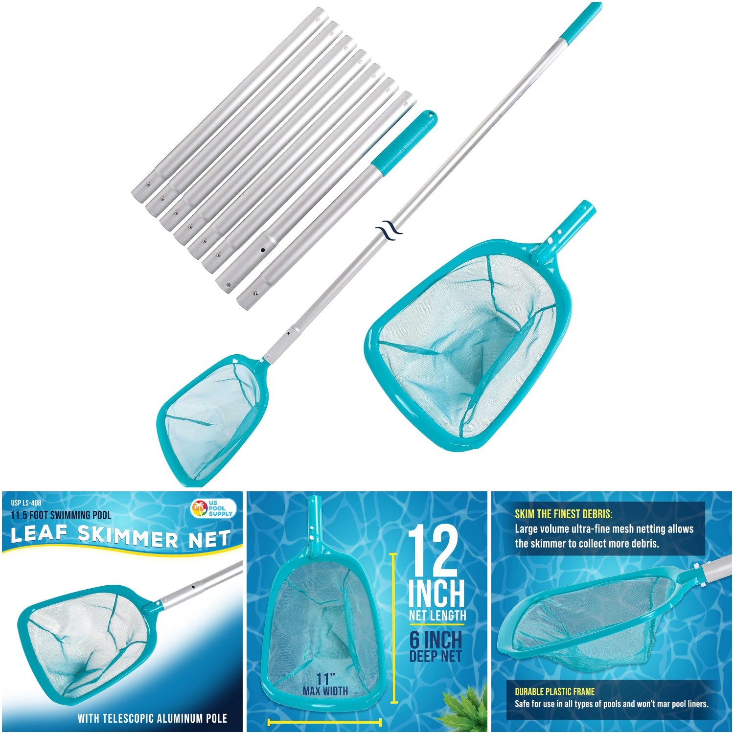 11.5 Foot Swimming Pool Leaf Skimmer Net Telescopic Aluminum Pole 8 Sections 6&prime;