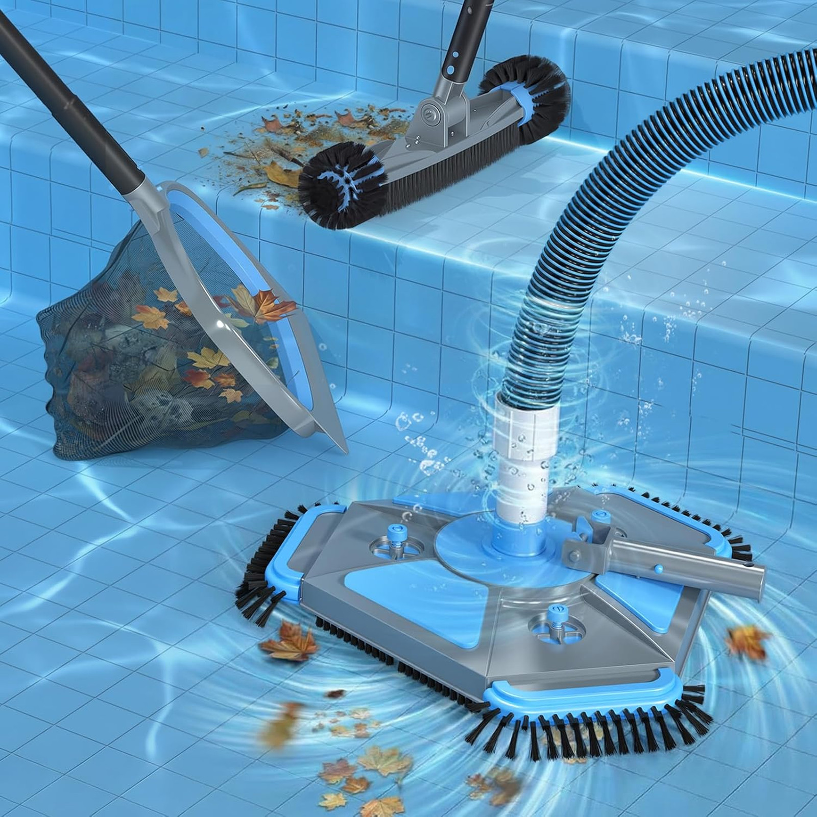 Pool Cleaning Kit with Vacuum Head Brush Skimmer Net and Extendable Aluminum