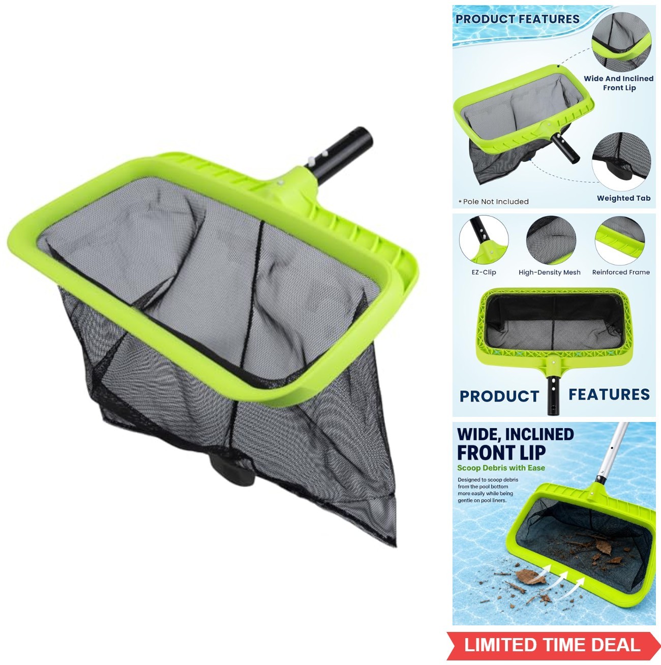Swimming Pool Leaf Skimmer Net Reinforced Frame Deep Rake Home Pool Cleaning