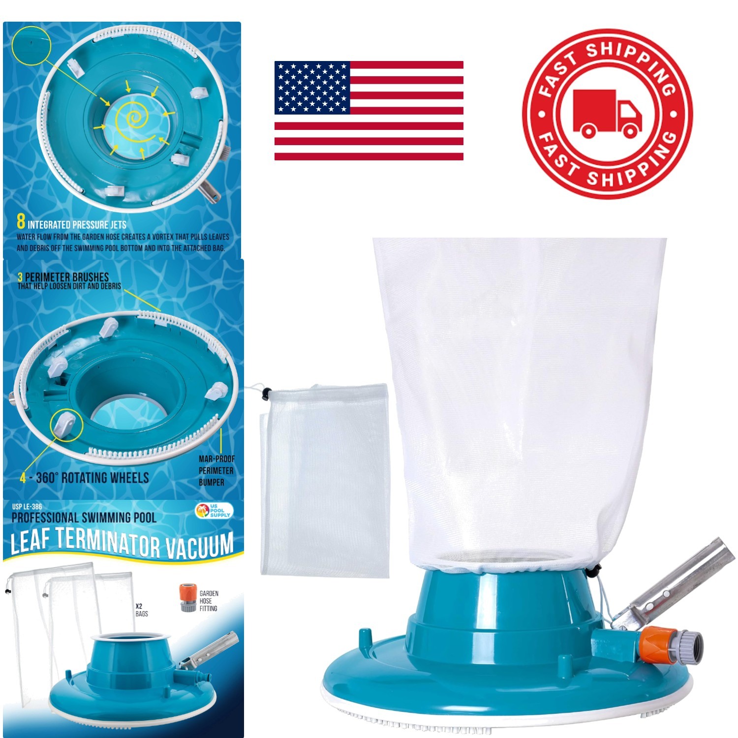 Professional Swimming Pool Leaf Vacuum 15 Inch ABS Body with 8 Pressure Jets