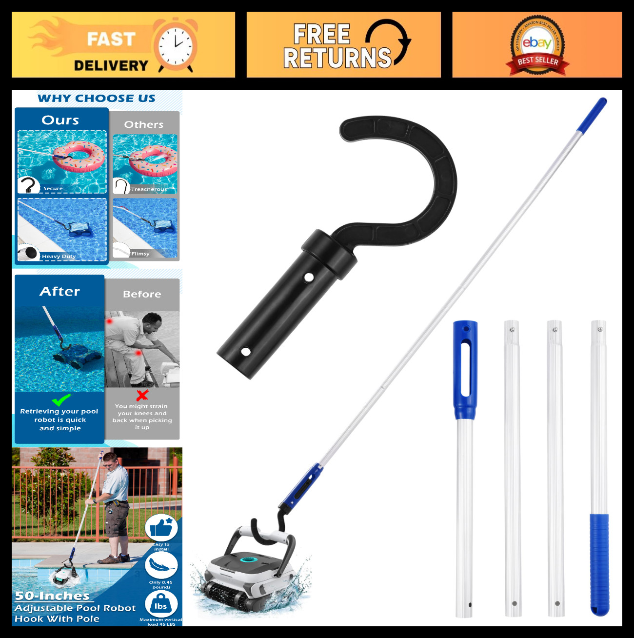 Adjustable Pool Robot Retrieval Hook – 63.8&Prime; Heavy-Duty Aluminum Pole for Vacuum