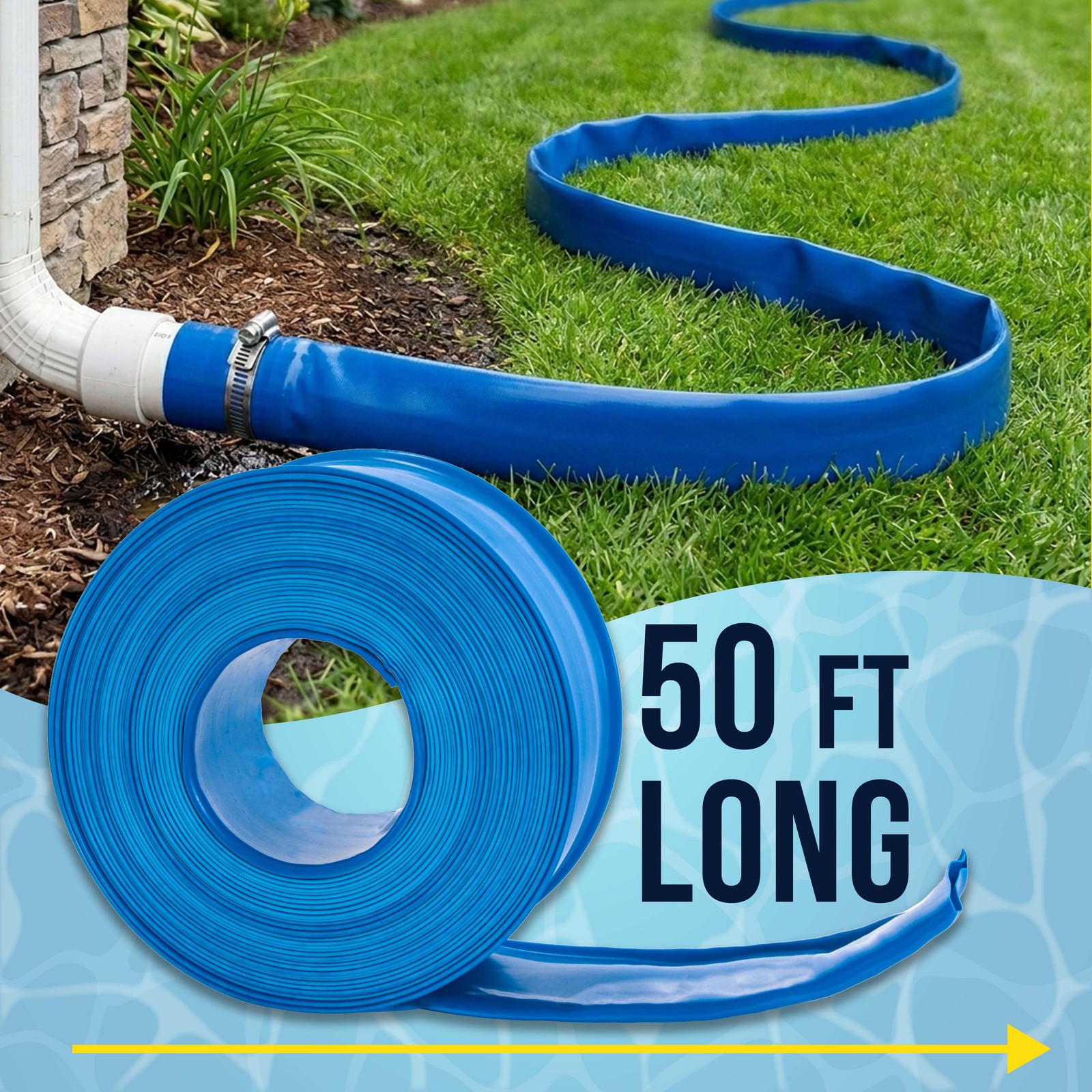 2&Prime; x 50&prime; Heavy Duty Blue Swimming Pool Backwash Hose & Clamp Water Discharge